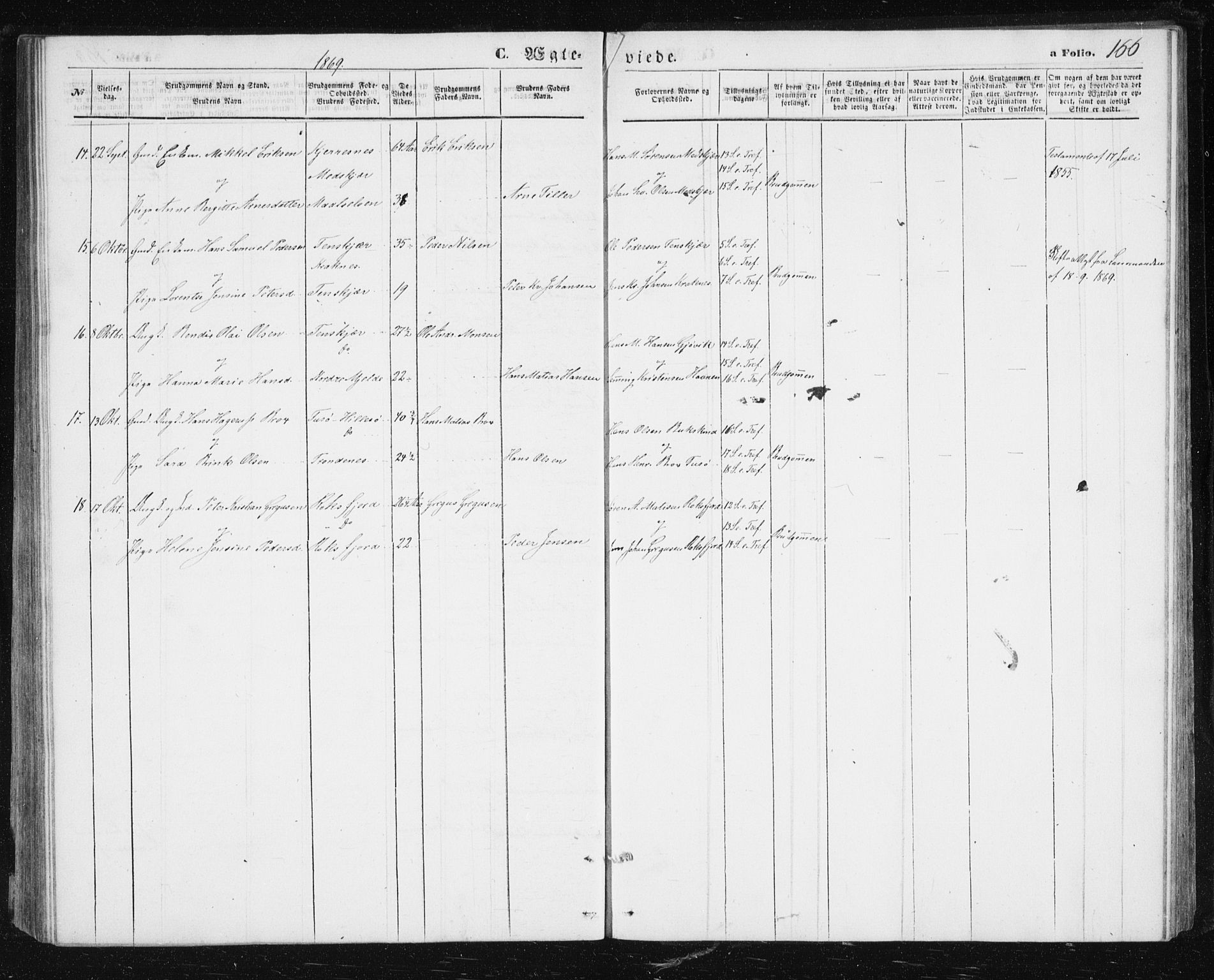 Lenvik sokneprestembete, SATØ/S-1310/H/Ha/Hab/L0004klokker: Parish register (copy) no. 4, 1859-1869, p. 166