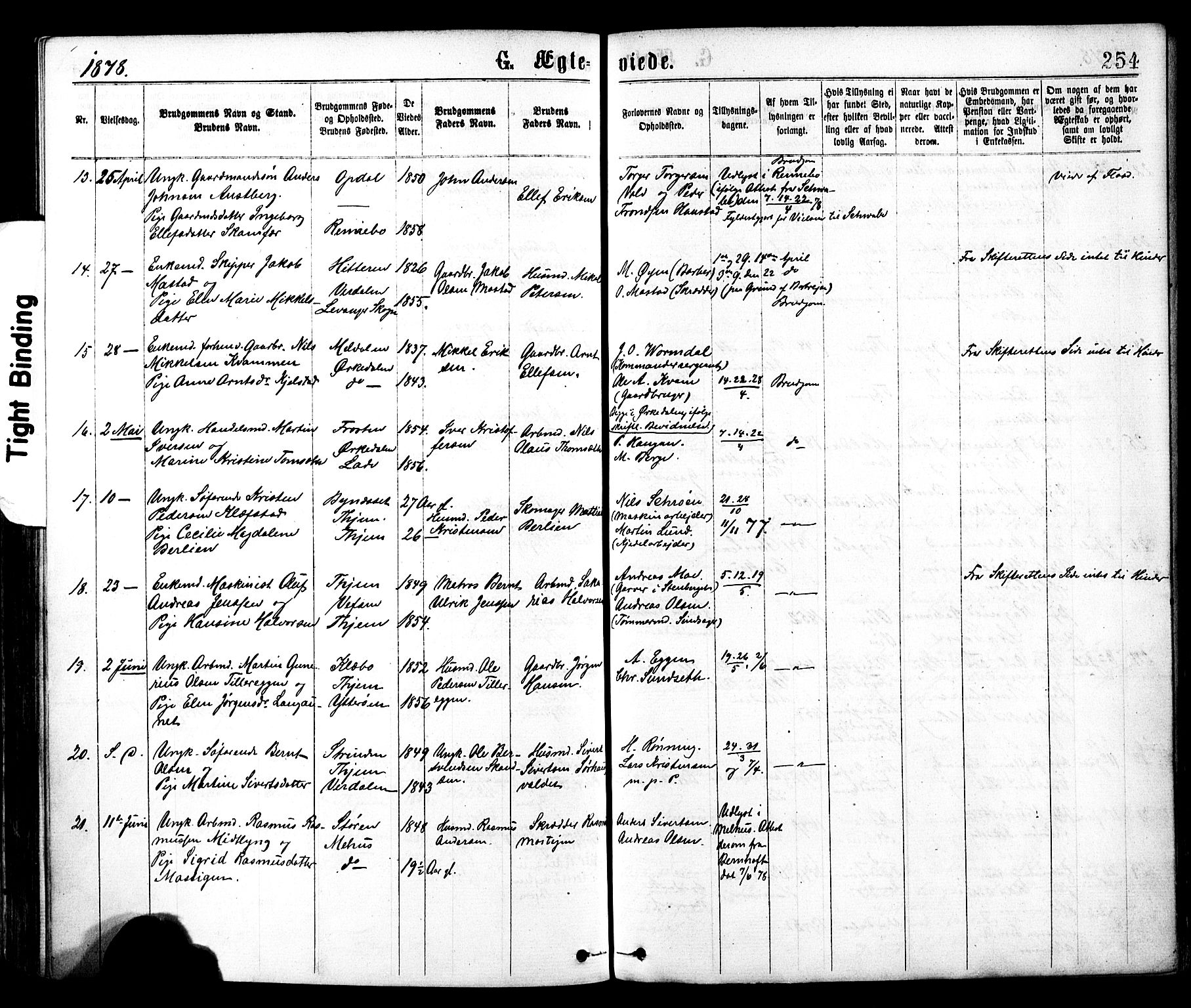 Ministerialprotokoller, klokkerbøker og fødselsregistre - Sør-Trøndelag, AV/SAT-A-1456/602/L0118: Parish register (official) no. 602A16, 1873-1879, p. 254