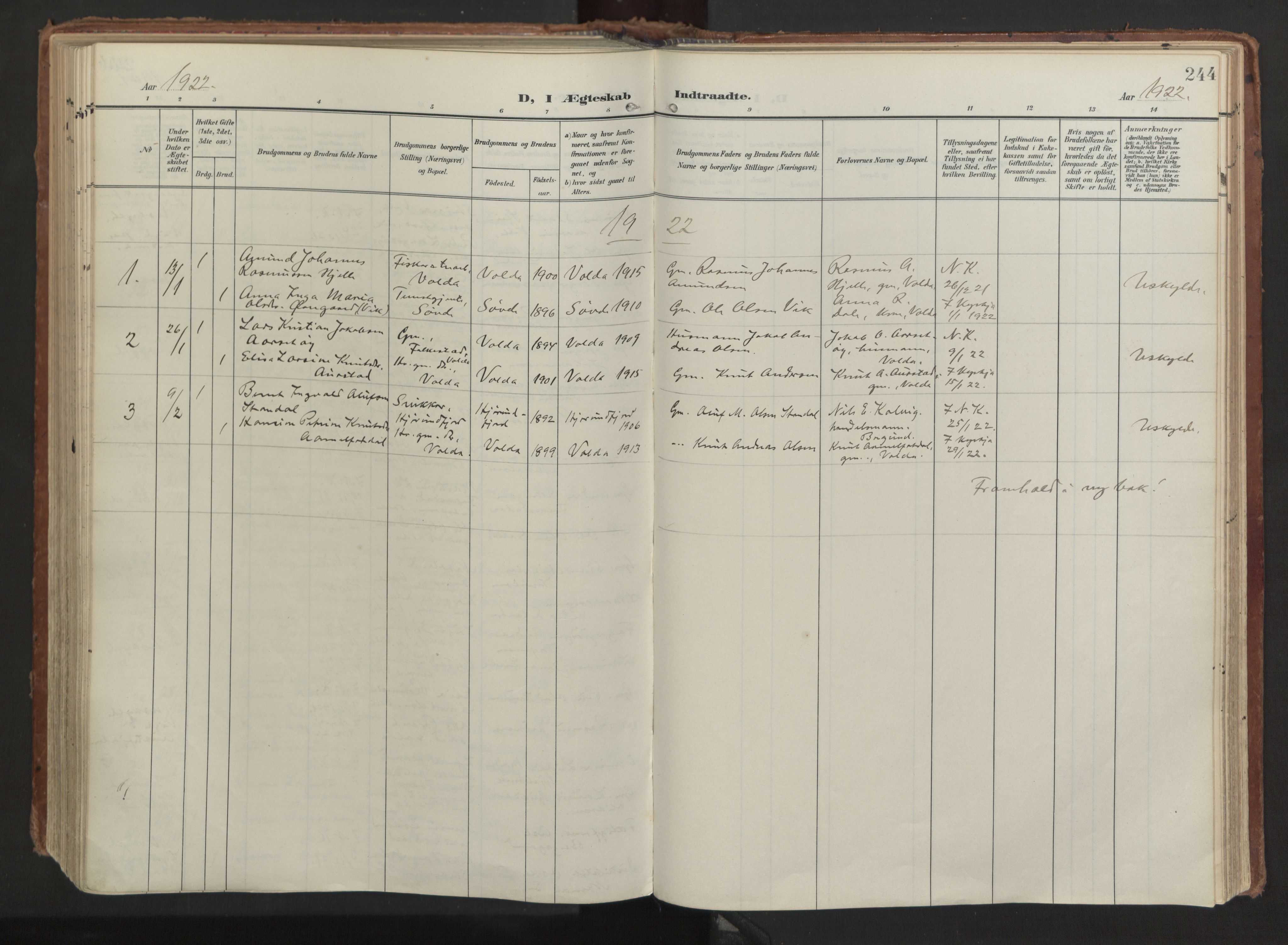 Ministerialprotokoller, klokkerbøker og fødselsregistre - Møre og Romsdal, AV/SAT-A-1454/511/L0144: Parish register (official) no. 511A11, 1906-1923, p. 244