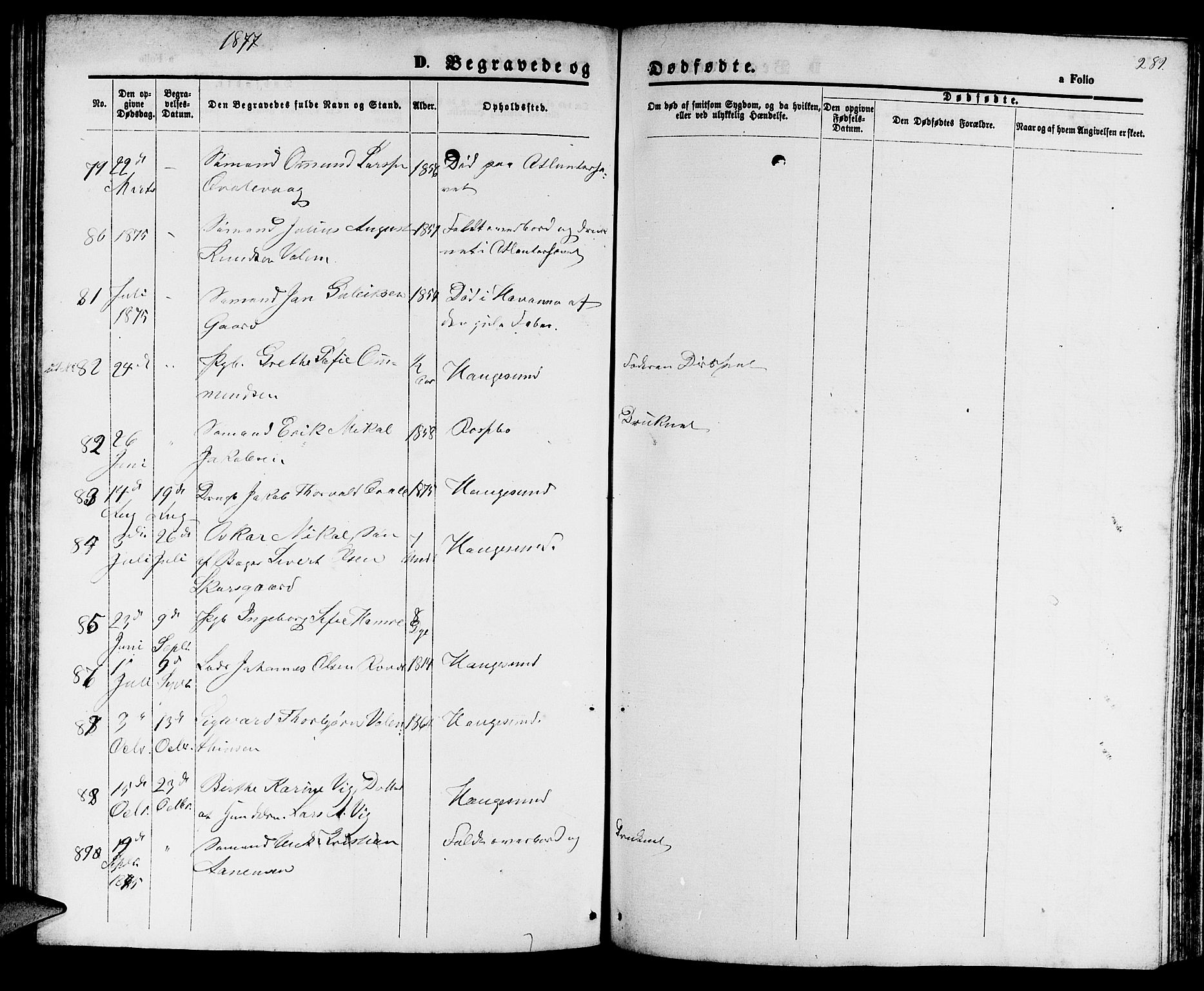 Haugesund sokneprestkontor, AV/SAST-A -101863/H/Ha/Hab/L0001: Parish register (copy) no. B 1, 1873-1881, p. 289