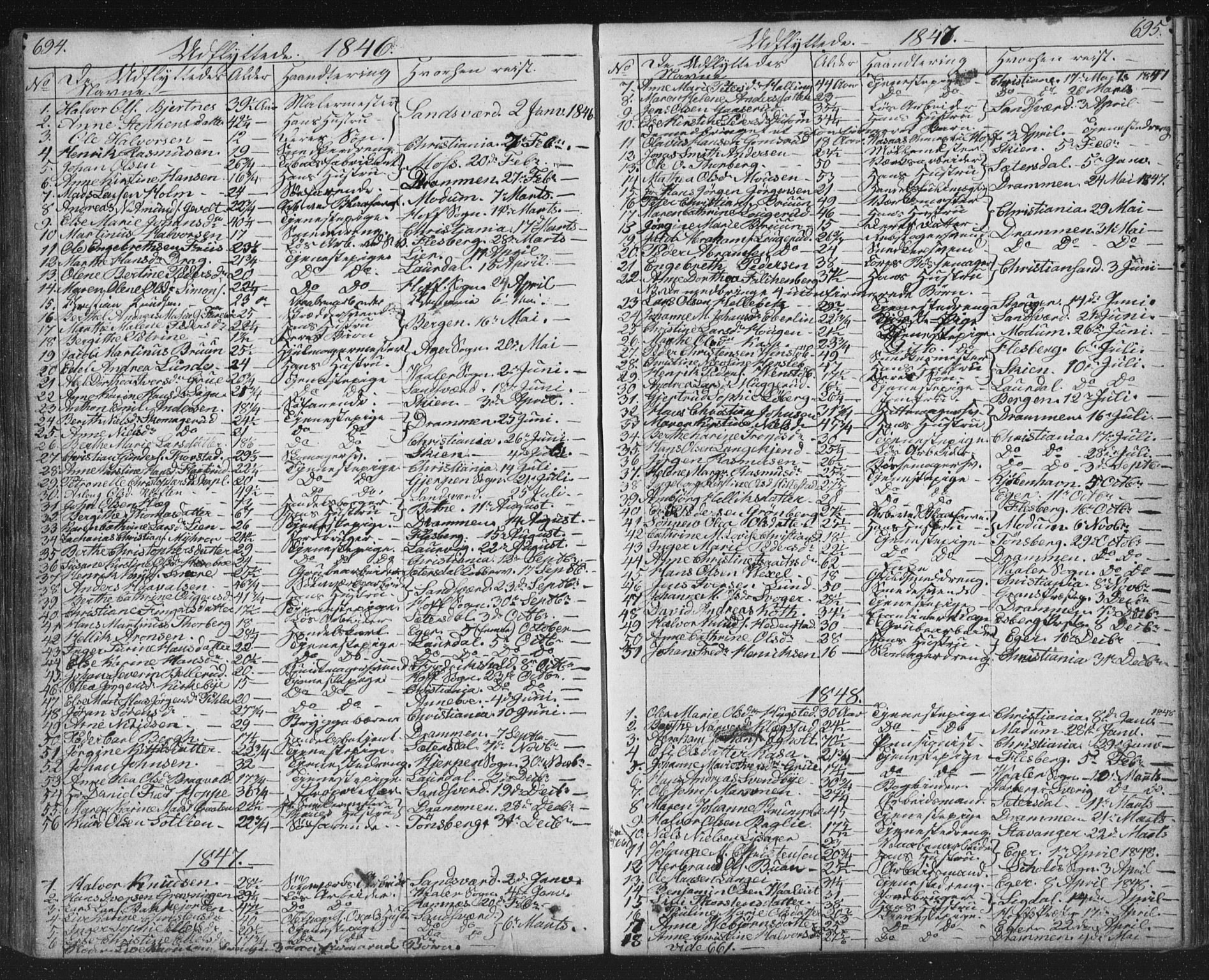 Kongsberg kirkebøker, AV/SAKO-A-22/G/Ga/L0002: Parish register (copy) no. 2, 1839-1858, p. 694-695