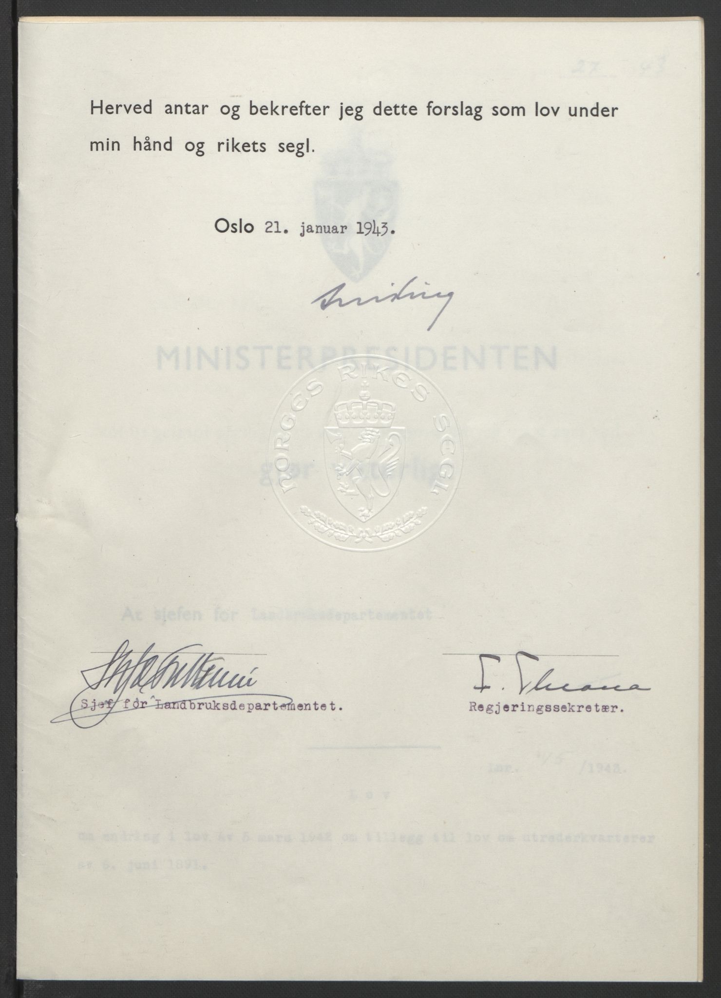 NS-administrasjonen 1940-1945 (Statsrådsekretariatet, de kommisariske statsråder mm), RA/S-4279/D/Db/L0099: Lover, 1943, p. 62