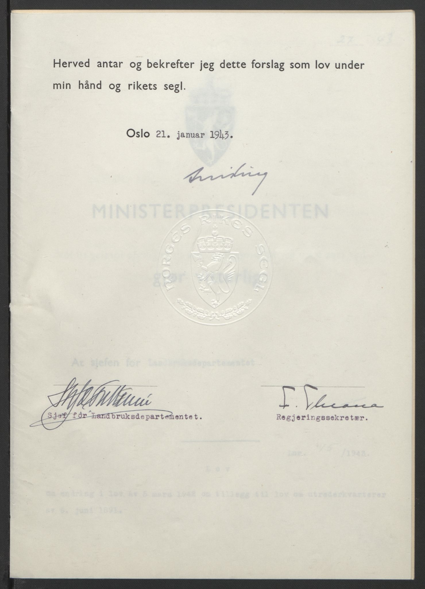 NS-administrasjonen 1940-1945 (Statsrådsekretariatet, de kommisariske statsråder mm), AV/RA-S-4279/D/Db/L0099: Lover, 1943, p. 62