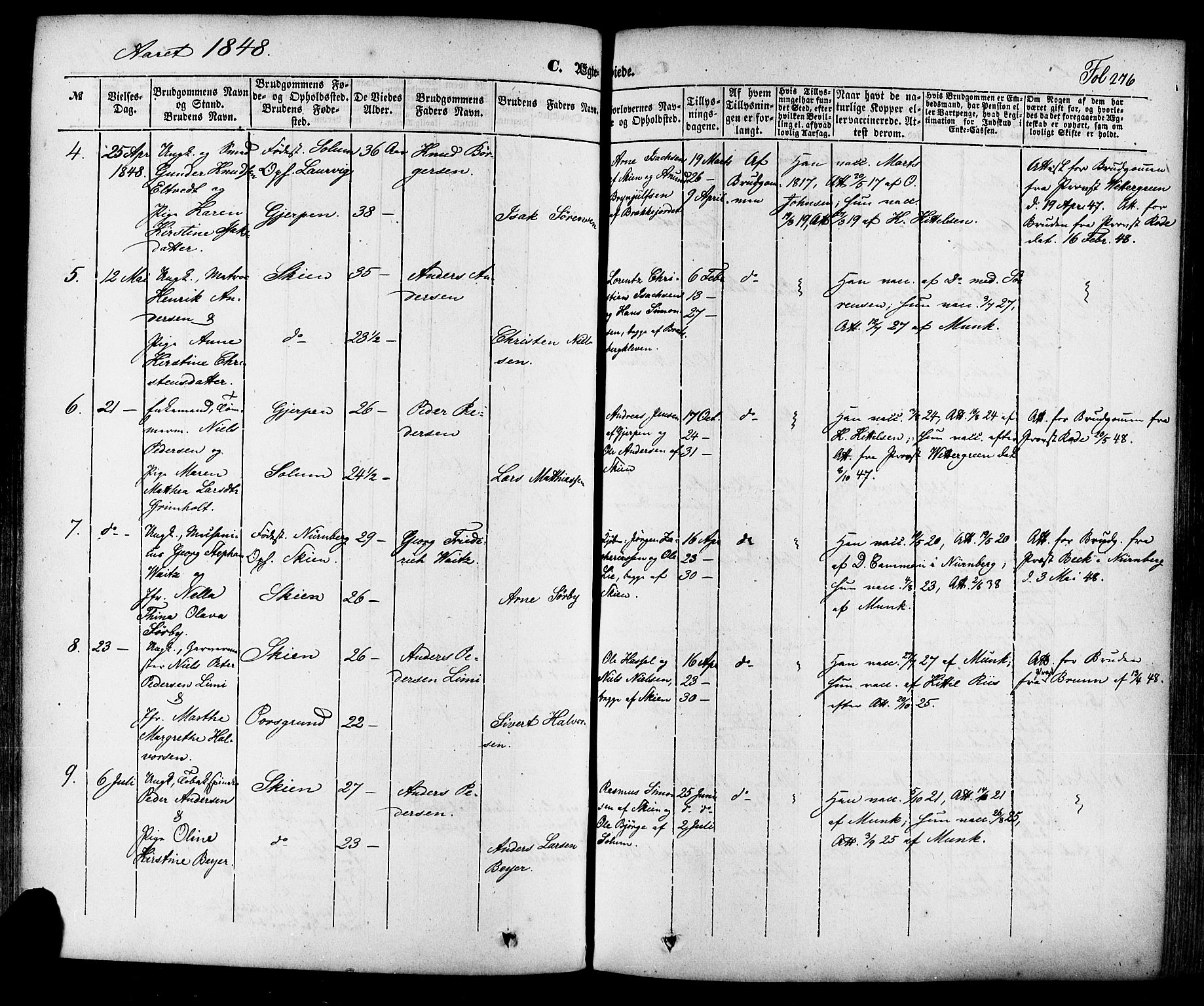 Skien kirkebøker, AV/SAKO-A-302/F/Fa/L0006a: Parish register (official) no. 6A, 1843-1856, p. 276