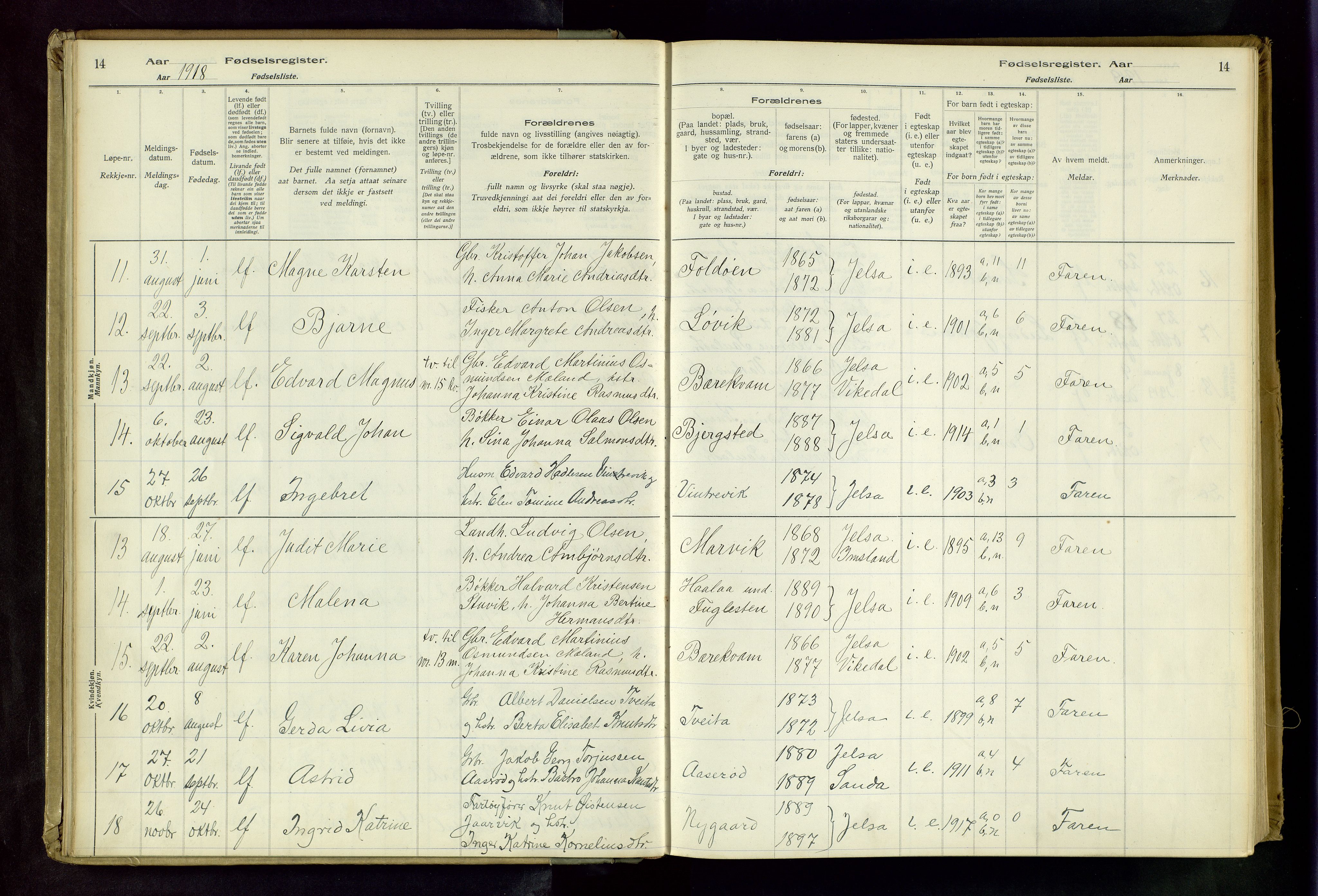 Jelsa sokneprestkontor, AV/SAST-A-101842/02/I: Birth register no. 13, 1916-1982, p. 14
