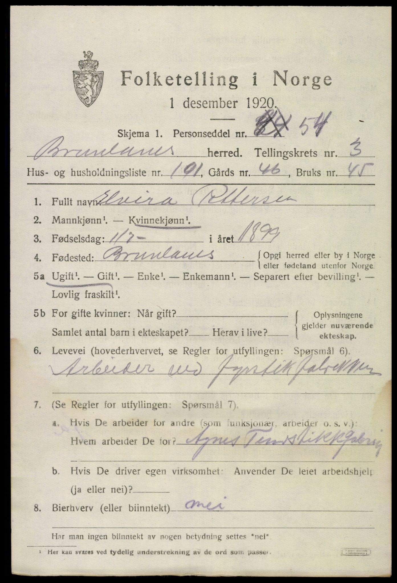 SAKO, 1920 census for Brunlanes, 1920, p. 6075