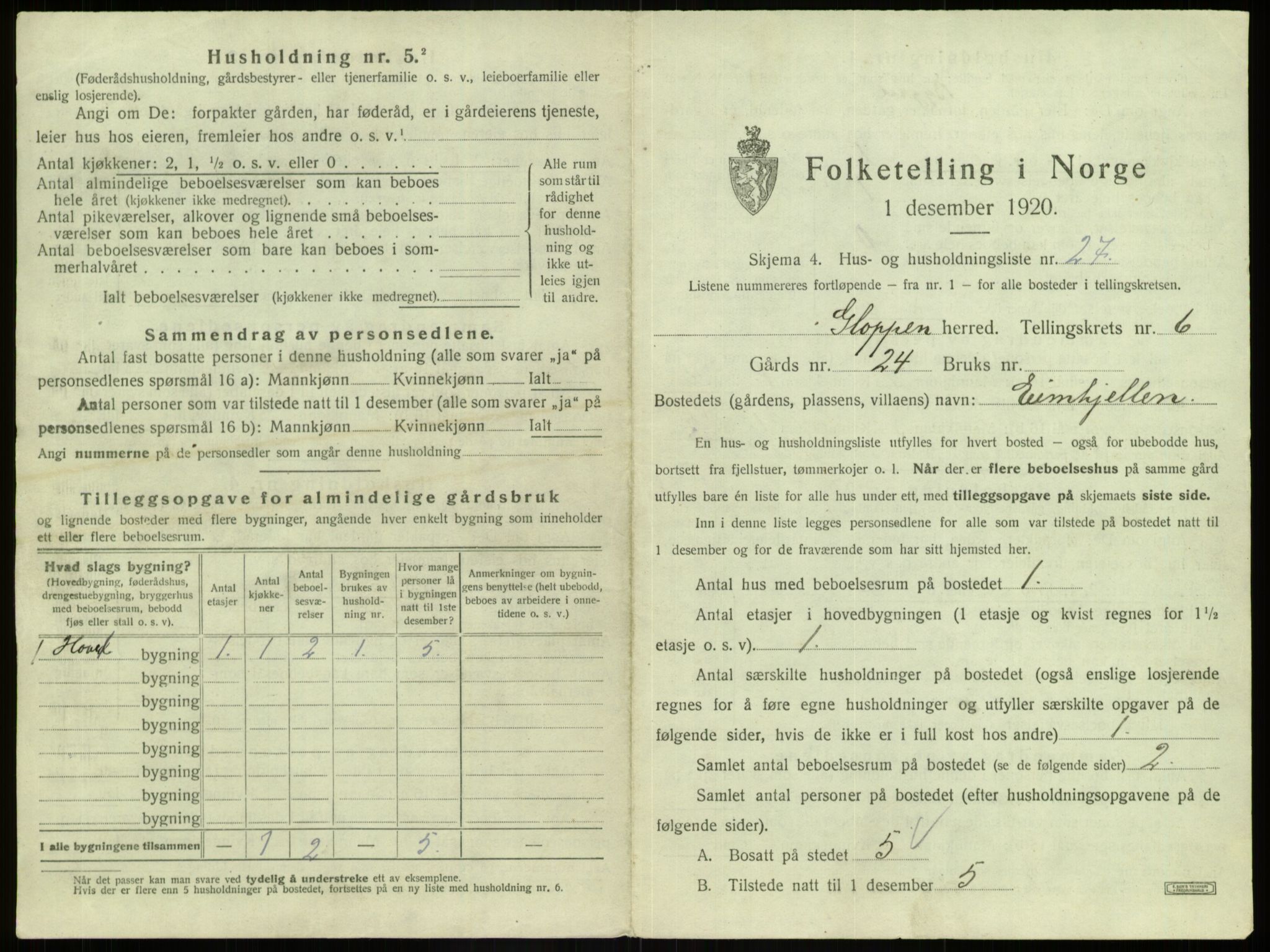 SAB, 1920 census for Gloppen, 1920, p. 492