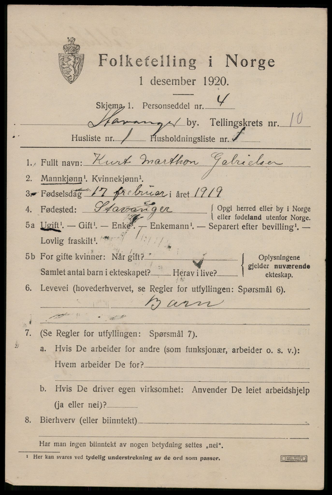 SAST, 1920 census for Stavanger, 1920, p. 51544