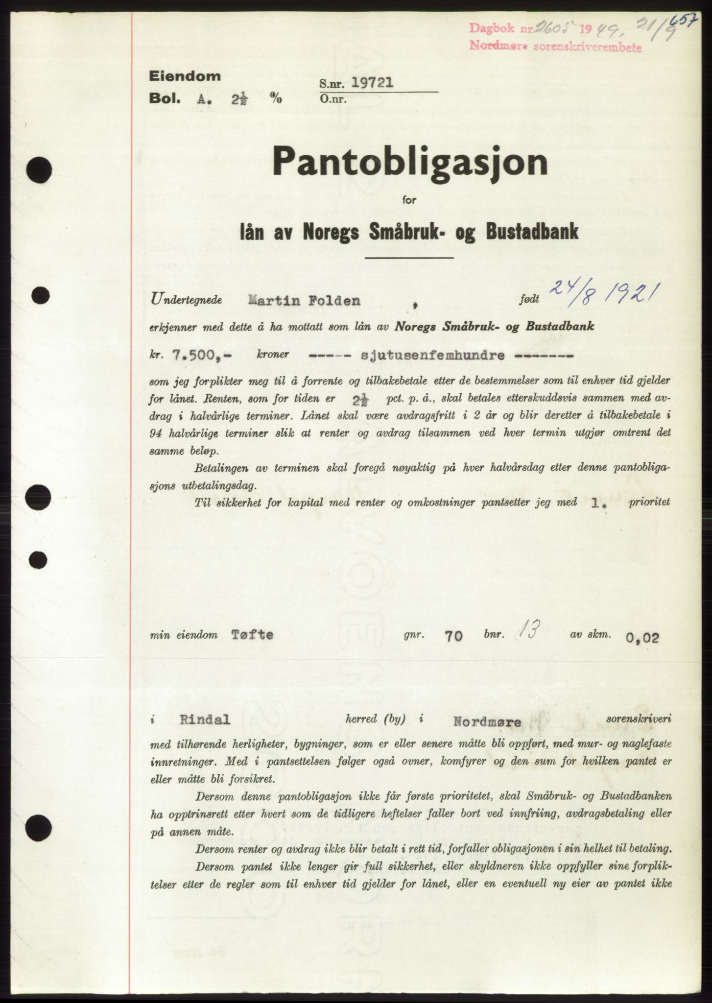 Nordmøre sorenskriveri, AV/SAT-A-4132/1/2/2Ca: Mortgage book no. B102, 1949-1949, Diary no: : 2605/1949