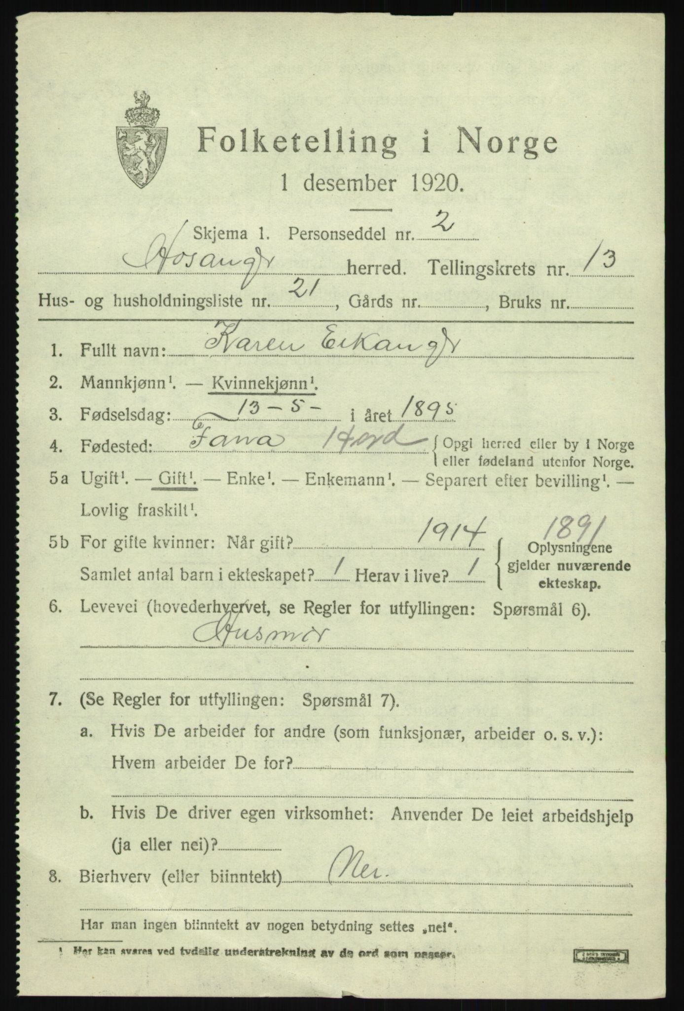 SAB, 1920 census for Hosanger, 1920, p. 5415