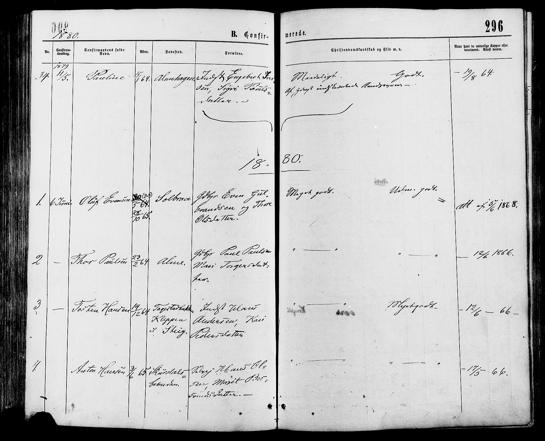 Sør-Fron prestekontor, SAH/PREST-010/H/Ha/Haa/L0002: Parish register (official) no. 2, 1864-1880, p. 296