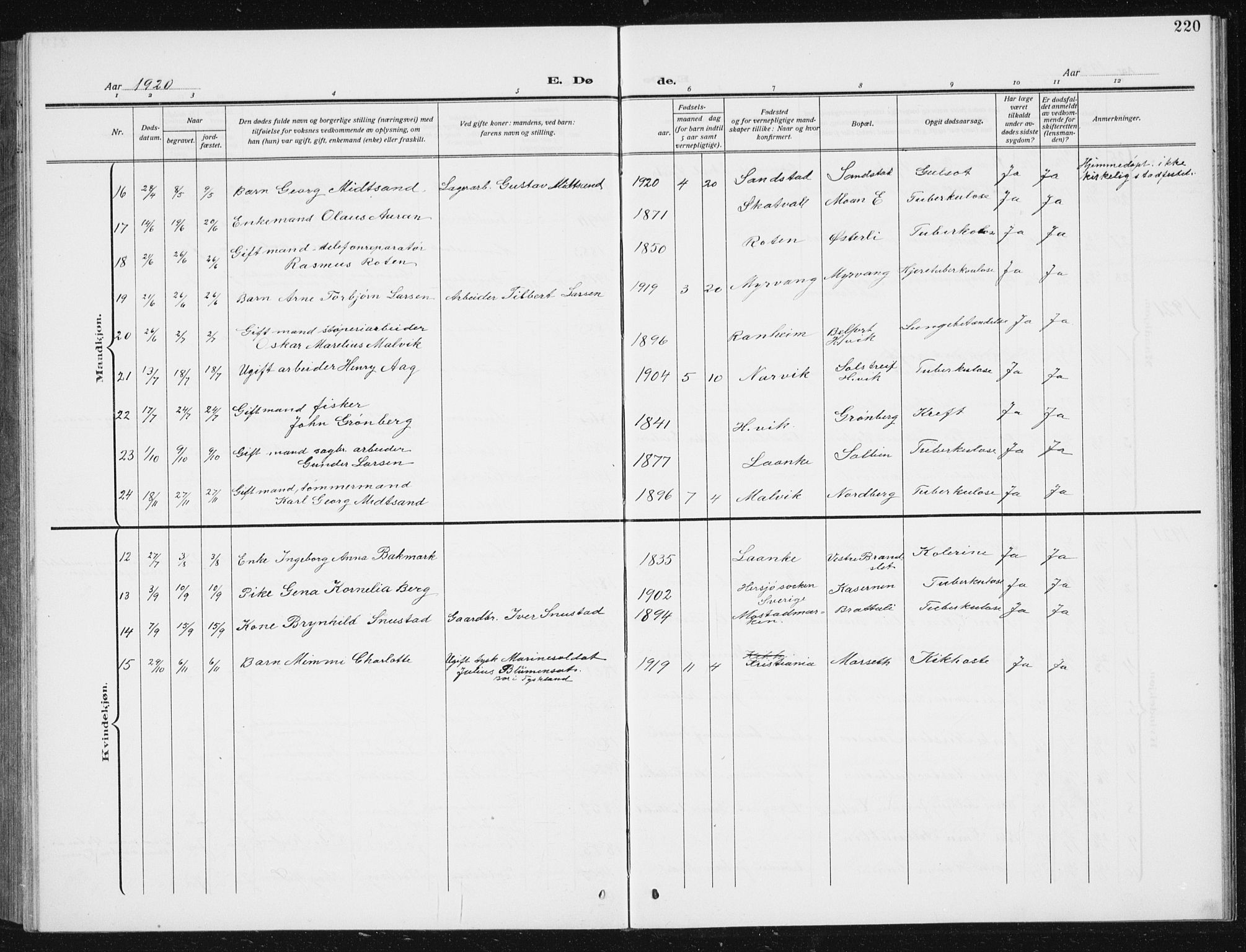 Ministerialprotokoller, klokkerbøker og fødselsregistre - Sør-Trøndelag, SAT/A-1456/617/L0431: Parish register (copy) no. 617C02, 1910-1936, p. 220