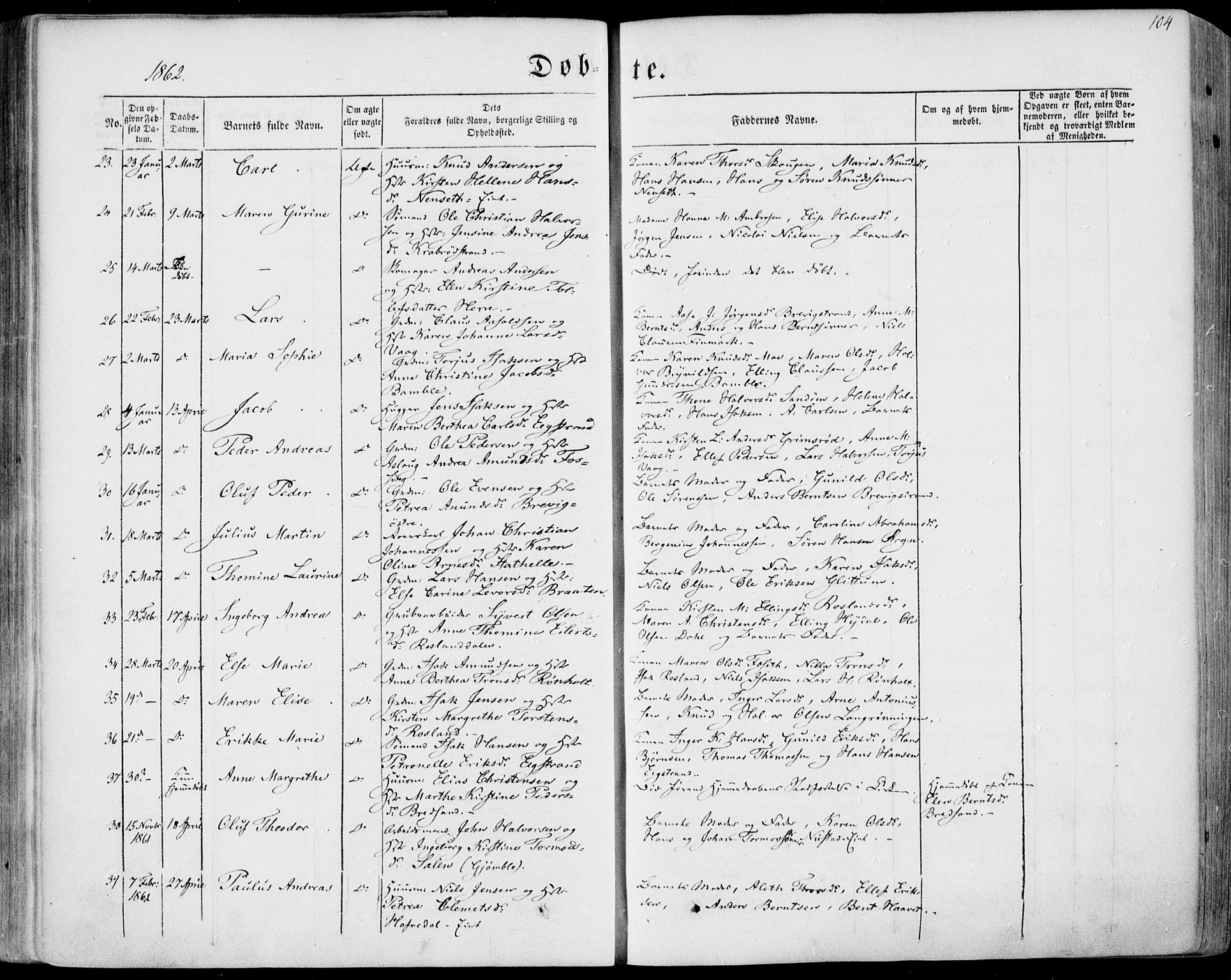 Bamble kirkebøker, AV/SAKO-A-253/F/Fa/L0005: Parish register (official) no. I 5, 1854-1869, p. 104