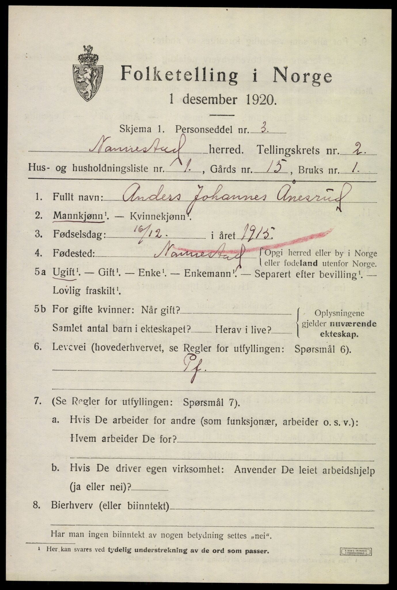 SAO, 1920 census for Nannestad, 1920, p. 2615