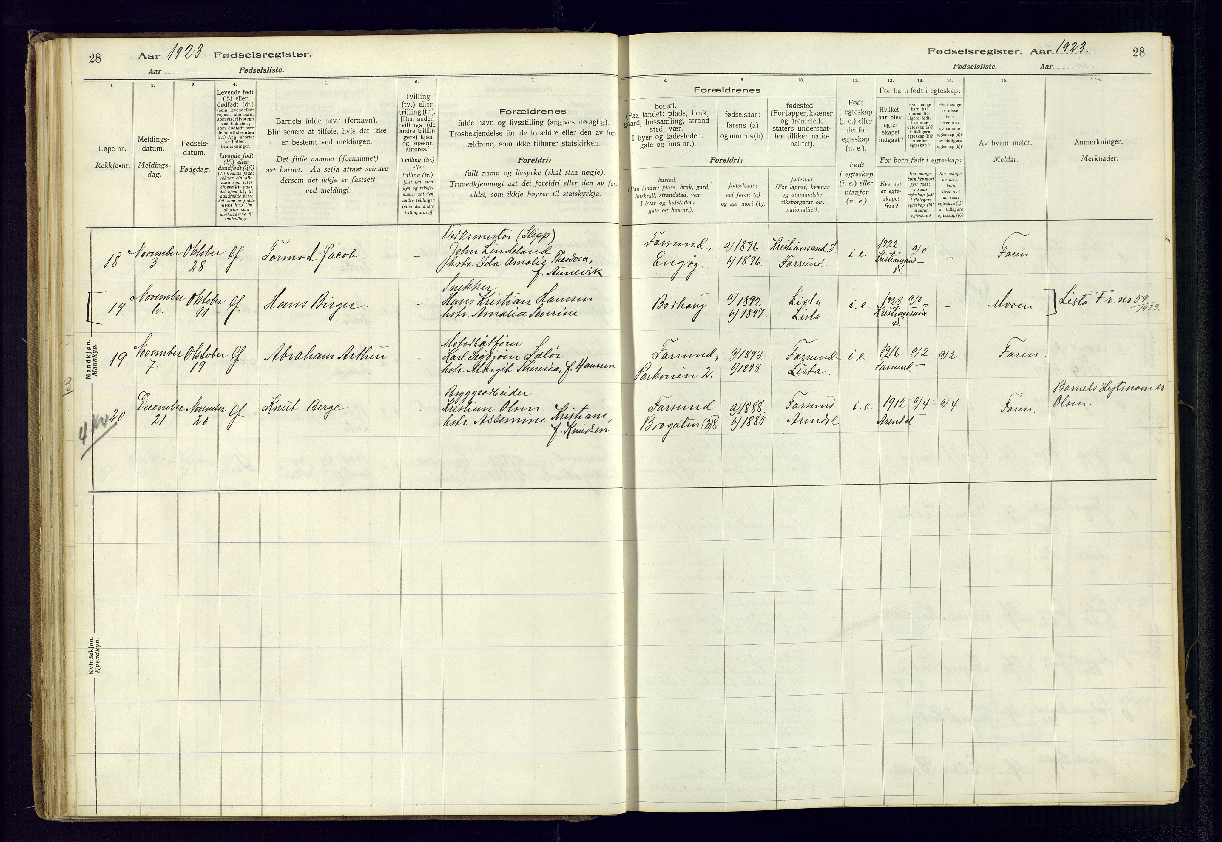 Farsund sokneprestkontor, SAK/1111-0009/J/Ja/L0001: Birth register no. A-VI-8, 1916-1950, p. 28