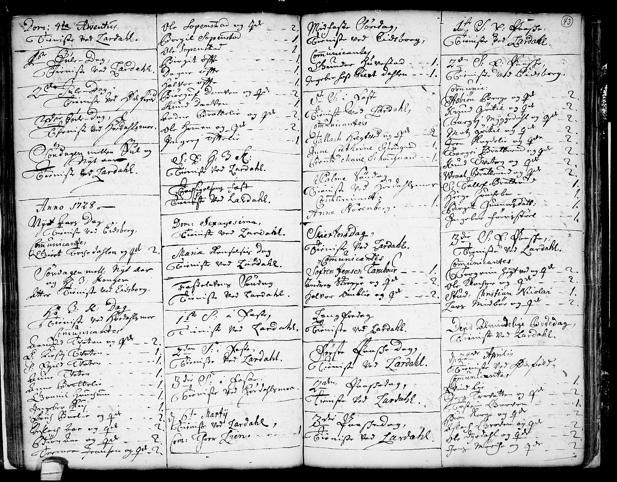 Lårdal kirkebøker, SAKO/A-284/F/Fa/L0001: Parish register (official) no. I 1, 1721-1734, p. 43