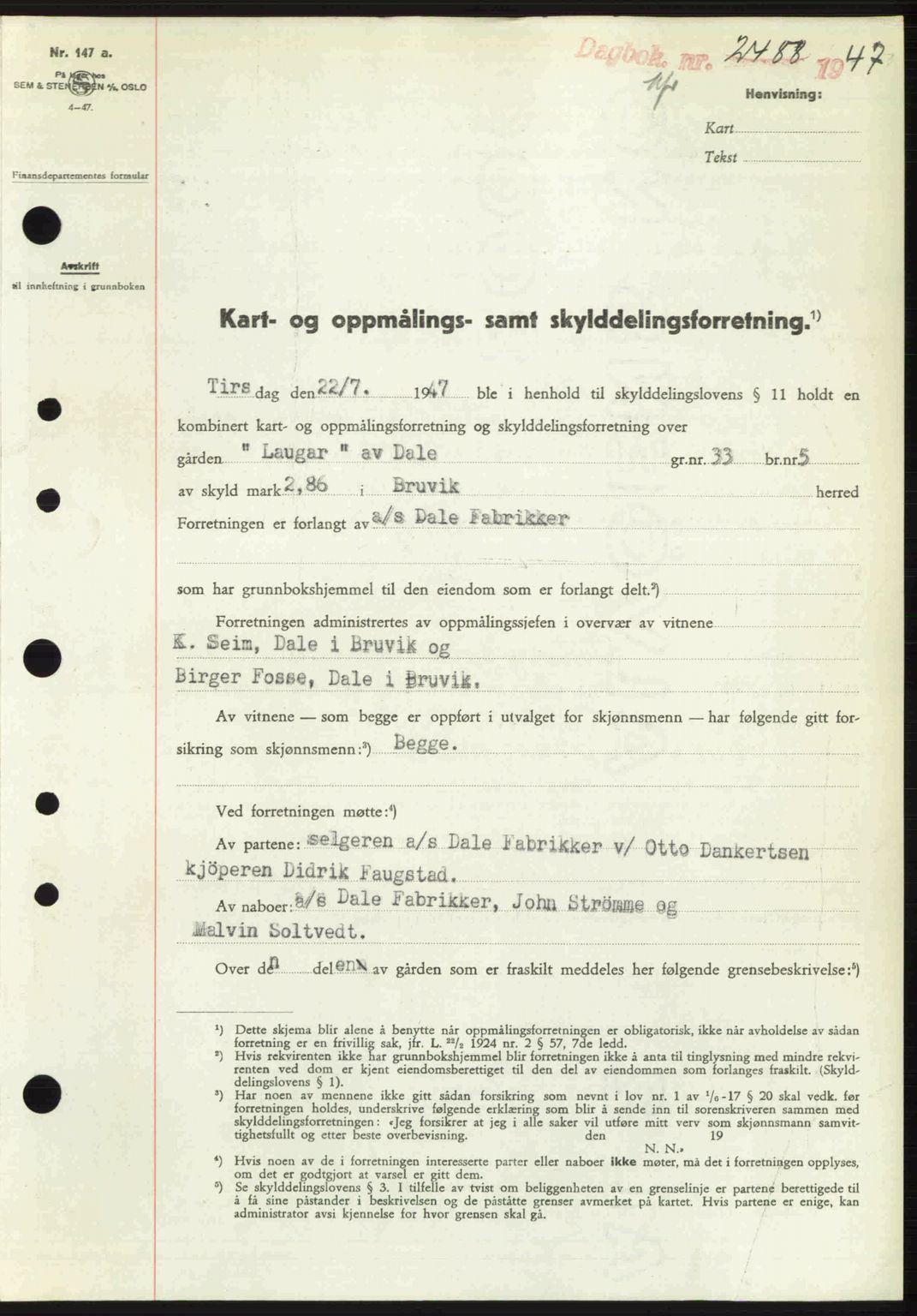 Nordhordland sorenskrivar, SAB/A-2901/1/G/Gb/Gbf/L0032: Mortgage book no. A32, 1947-1947, Diary no: : 2488/1947