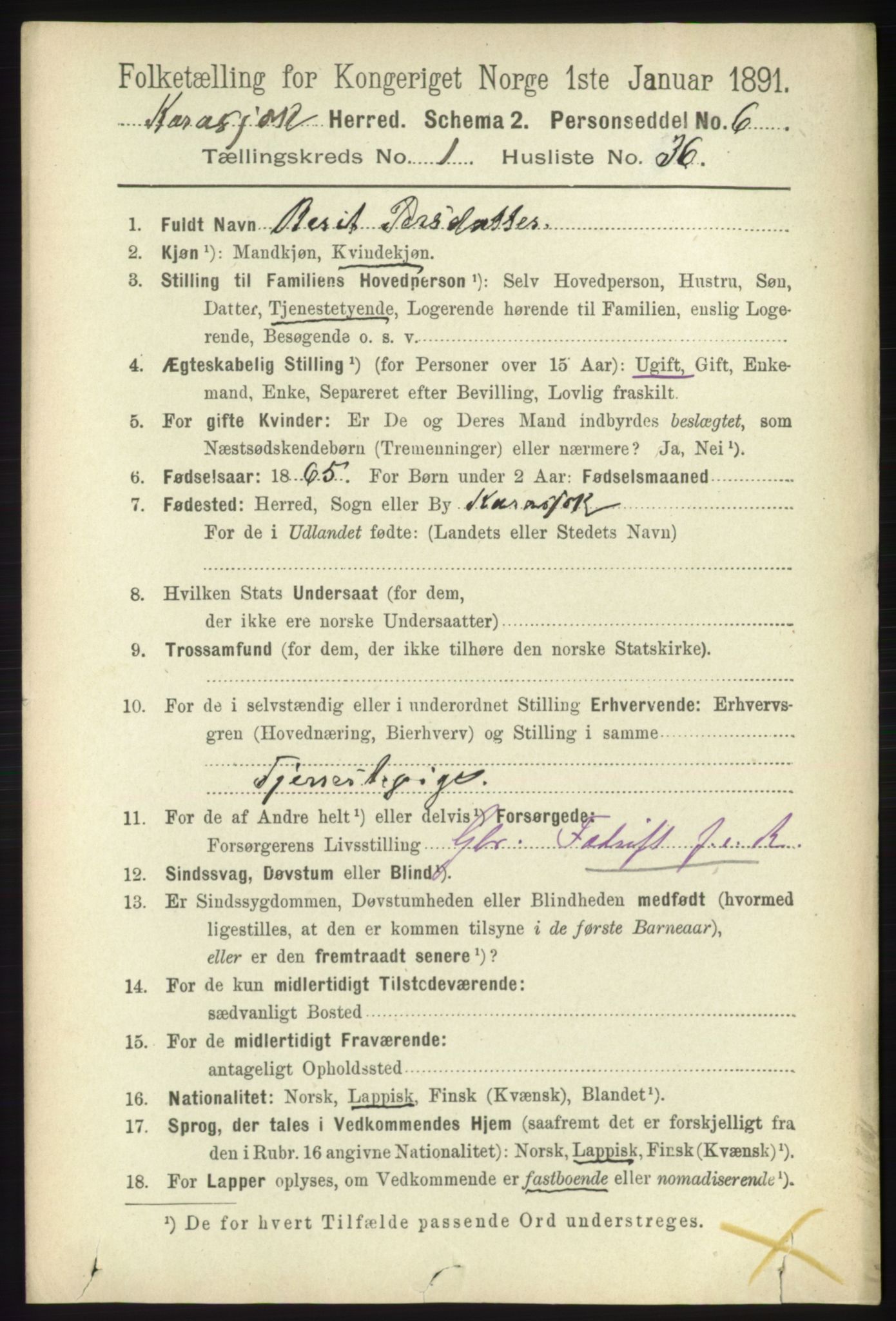 RA, 1891 census for 2021 Karasjok, 1891, p. 411