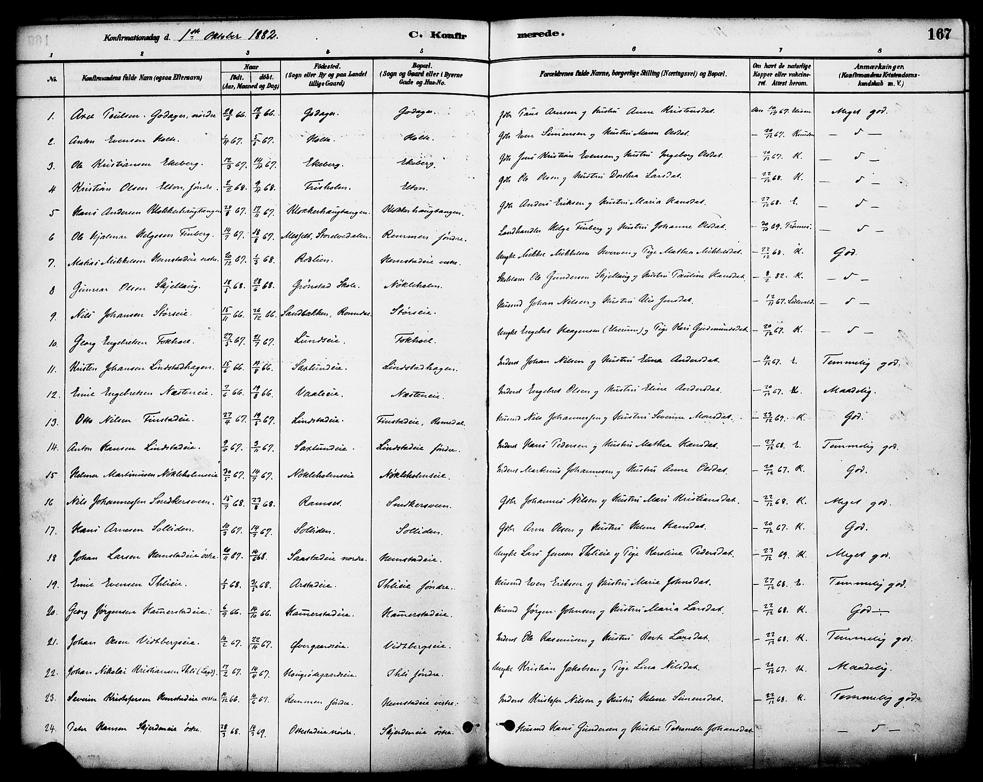 Stange prestekontor, SAH/PREST-002/K/L0017: Parish register (official) no. 17, 1880-1893, p. 167