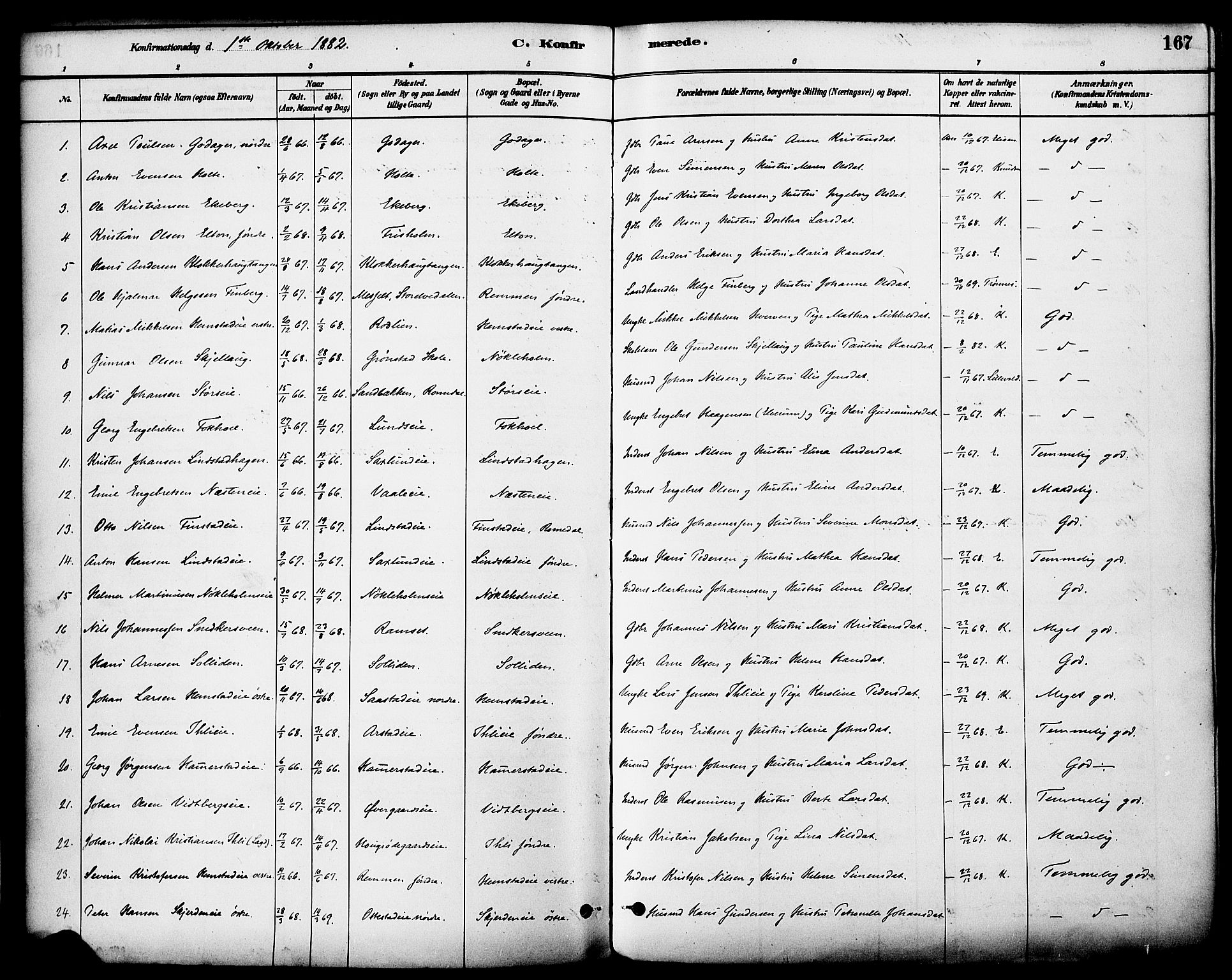 Stange prestekontor, AV/SAH-PREST-002/K/L0017: Parish register (official) no. 17, 1880-1893, p. 167