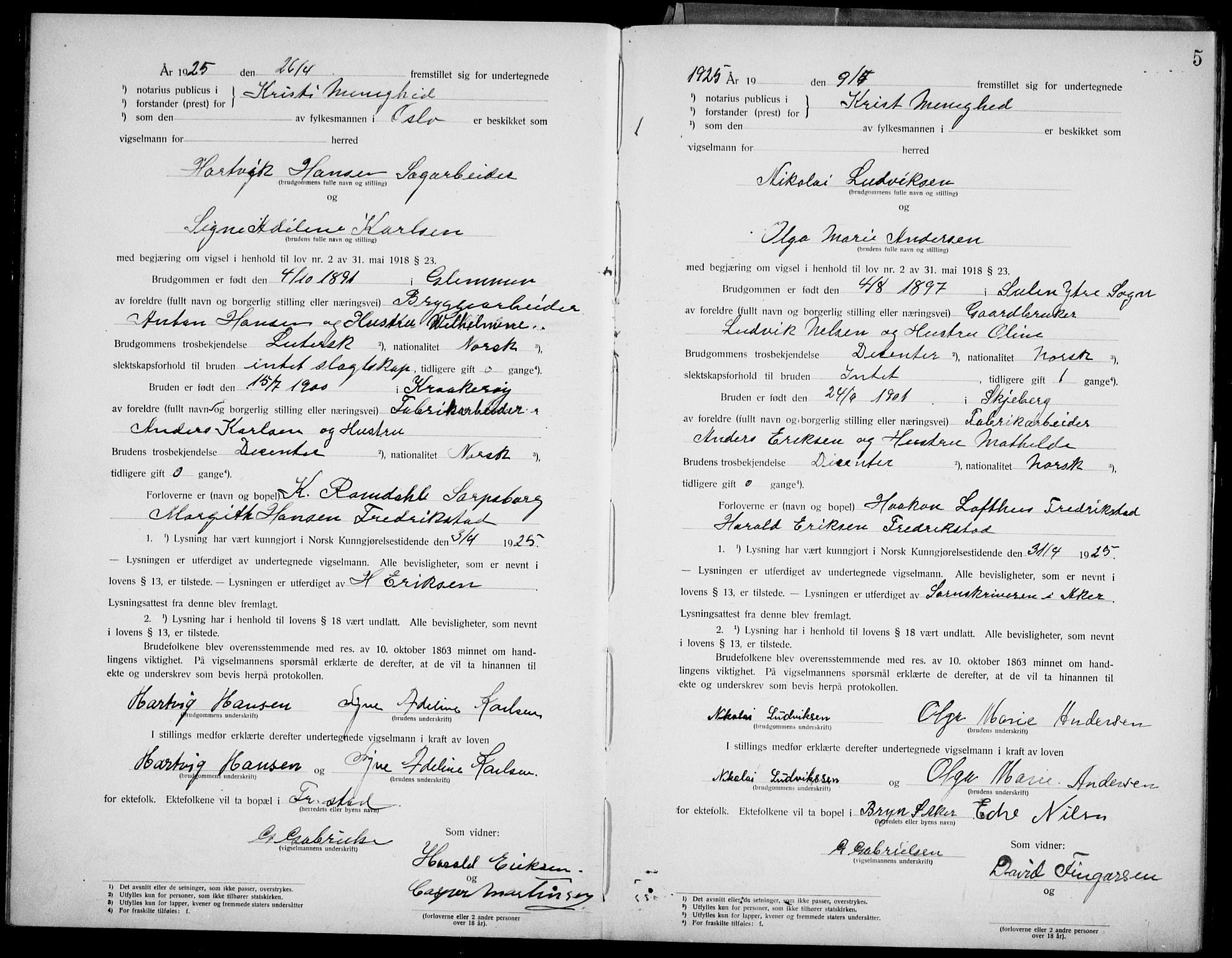 Kristi menighet Oslo , AV/SAO-PAO-0220/D/L0002: Marriage register (dissenter) no. 2, 1920-1936, p. 5