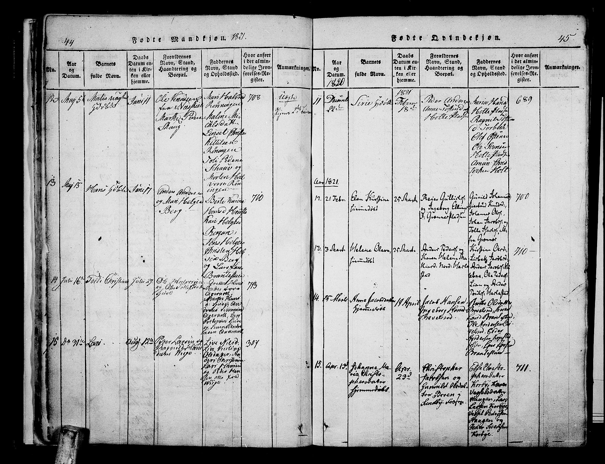 Hof kirkebøker, SAKO/A-64/F/Fa/L0004: Parish register (official) no. I 4, 1814-1843, p. 44-45