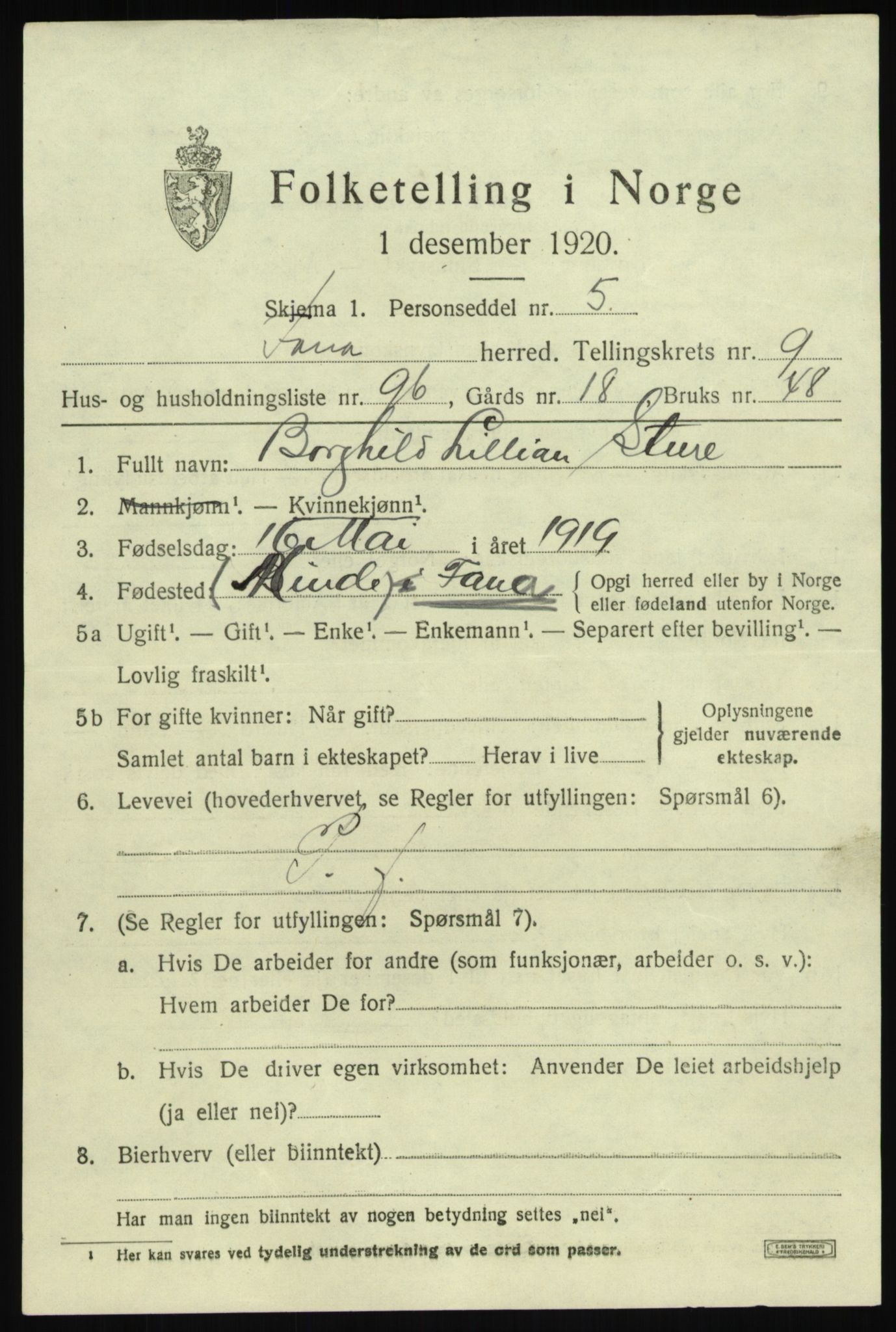 SAB, 1920 census for Fana, 1920, p. 16585