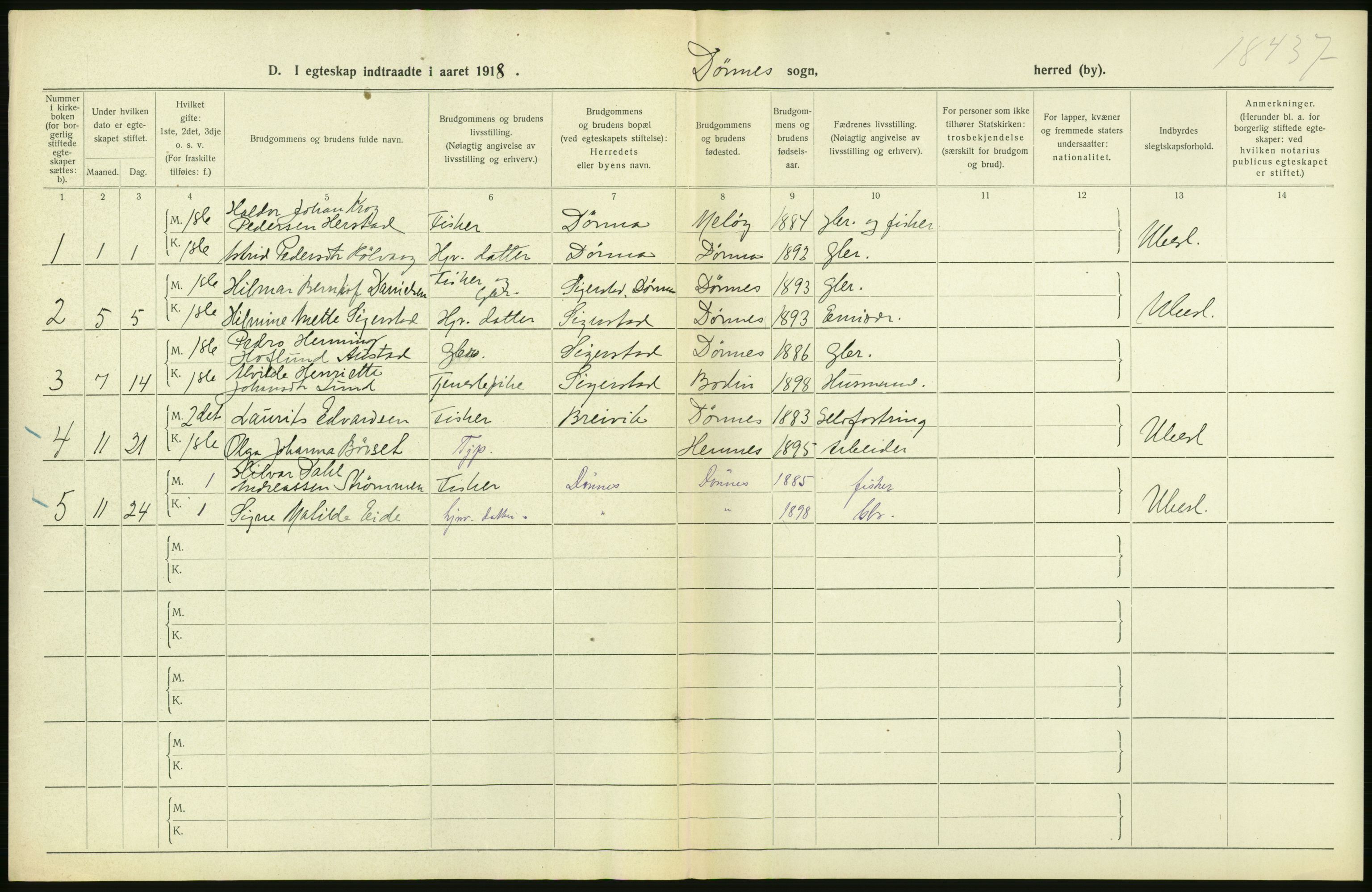 Statistisk sentralbyrå, Sosiodemografiske emner, Befolkning, RA/S-2228/D/Df/Dfb/Dfbh/L0054: Nordland fylke: Gifte, dødfødte. Bygder og byer., 1918, p. 72