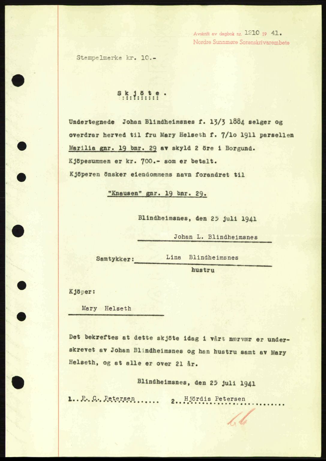 Nordre Sunnmøre sorenskriveri, AV/SAT-A-0006/1/2/2C/2Ca: Mortgage book no. A11, 1941-1941, Diary no: : 1210/1941