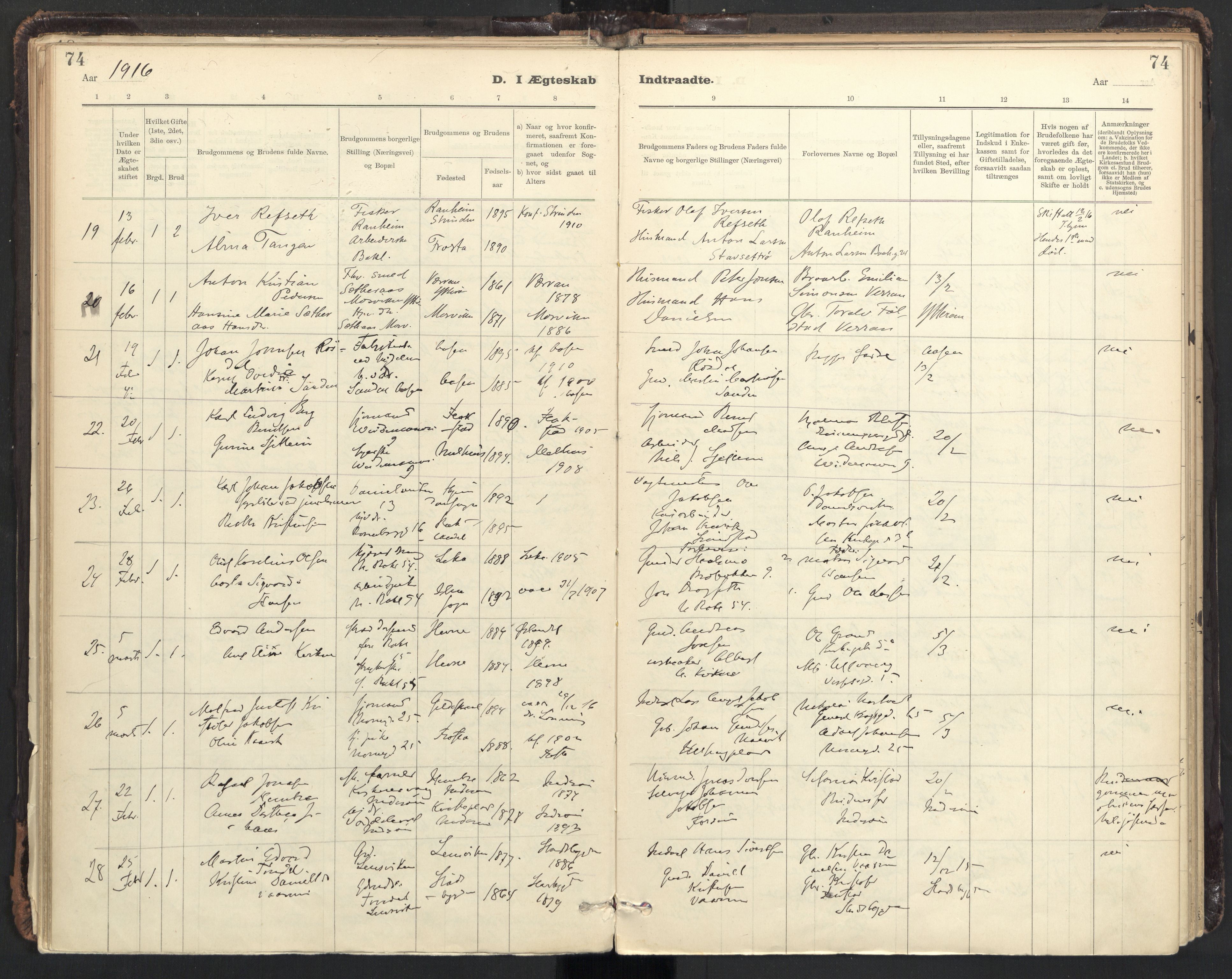 Ministerialprotokoller, klokkerbøker og fødselsregistre - Sør-Trøndelag, AV/SAT-A-1456/604/L0204: Parish register (official) no. 604A24, 1911-1920, p. 74