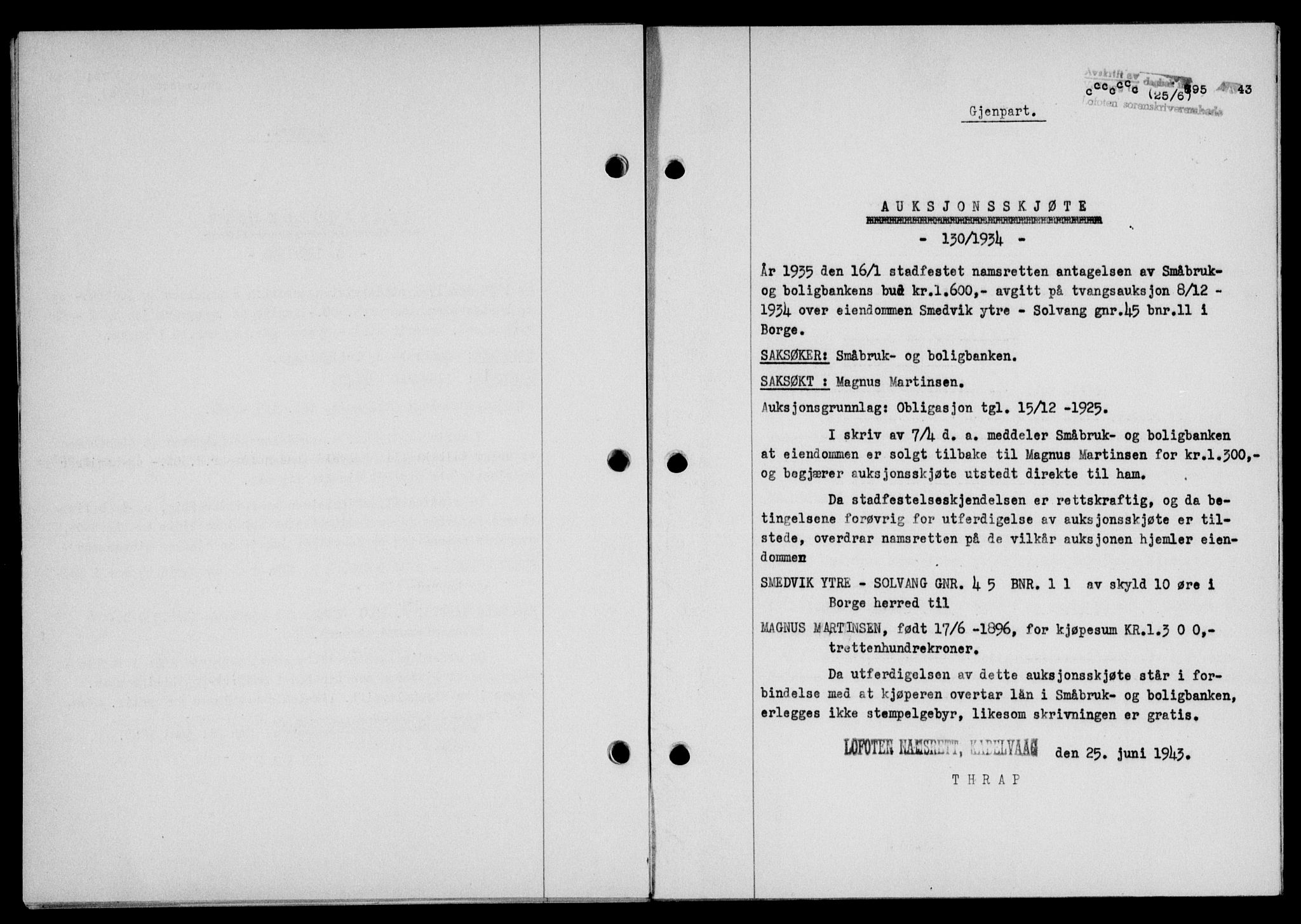 Lofoten sorenskriveri, SAT/A-0017/1/2/2C/L0011a: Mortgage book no. 11a, 1943-1943, Diary no: : 795/1943