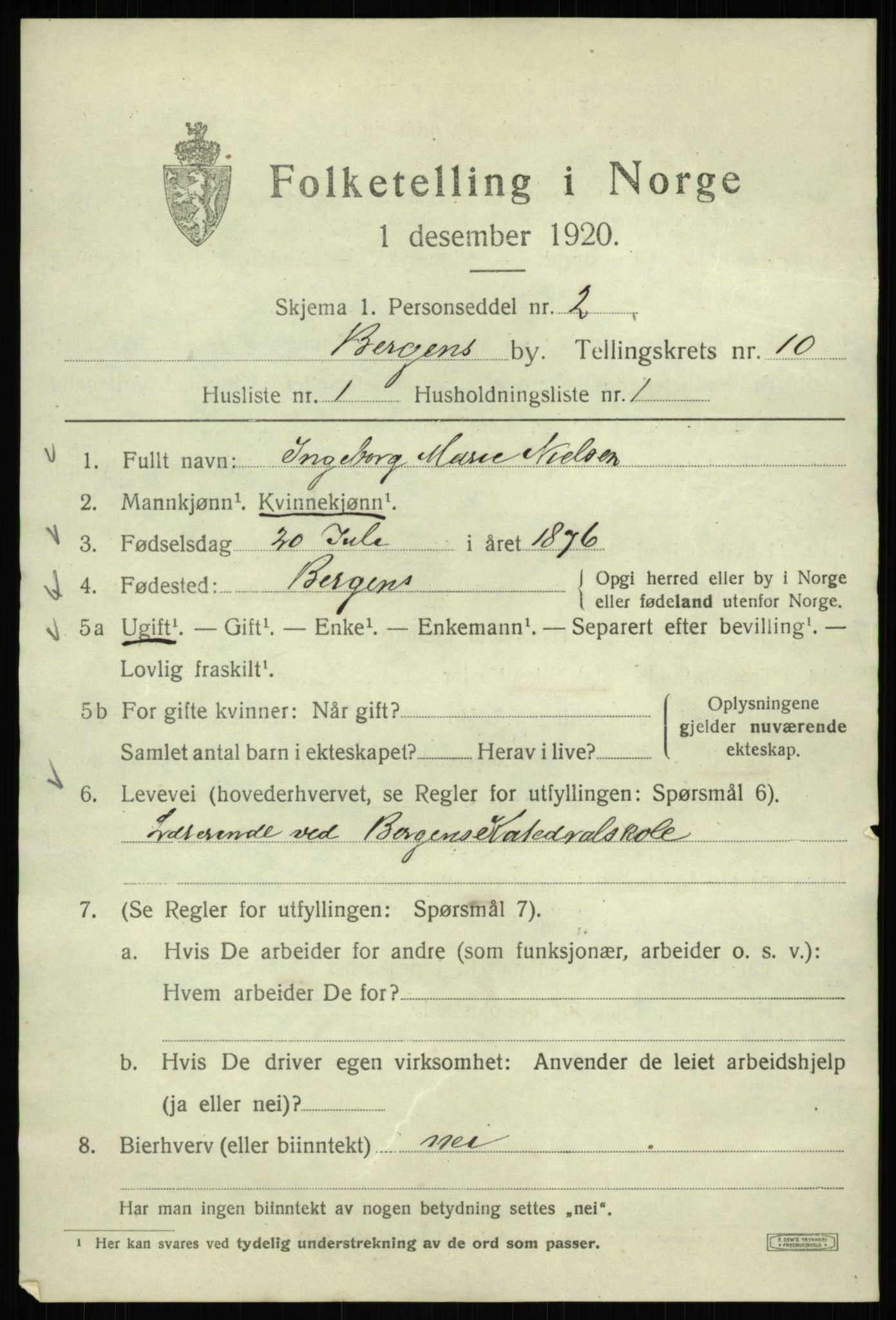 SAB, 1920 census for Bergen, 1920, p. 71345