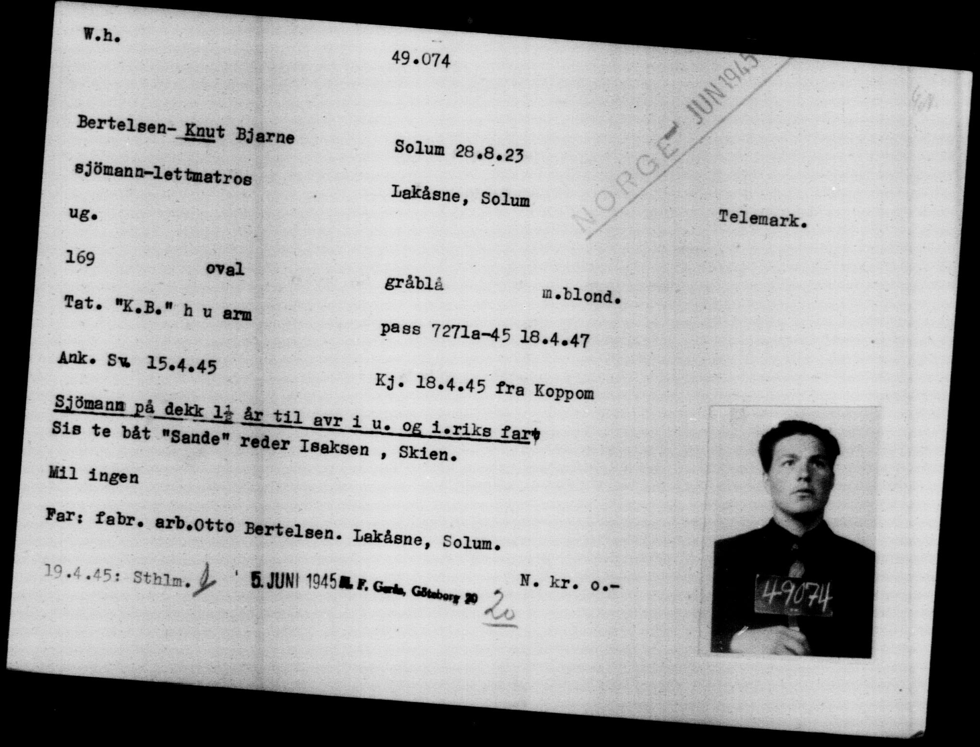 Utenriksstasjonene, Legasjonen i Stockholm, Flyktningkontoret, AV/RA-S-6753/V/Va/L0018: Kjesäterkartoteket, flyktninger med registreringsnr. 46200 og 46300-49603, 1940-1945, p. 2914