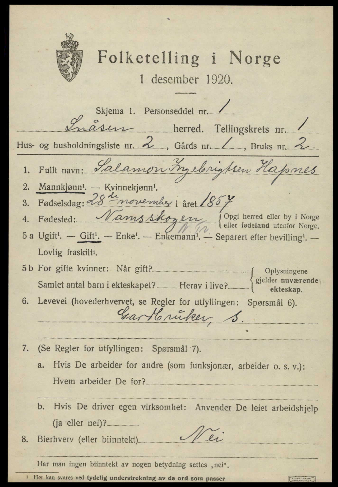 SAT, 1920 census for Snåsa, 1920, p. 1058