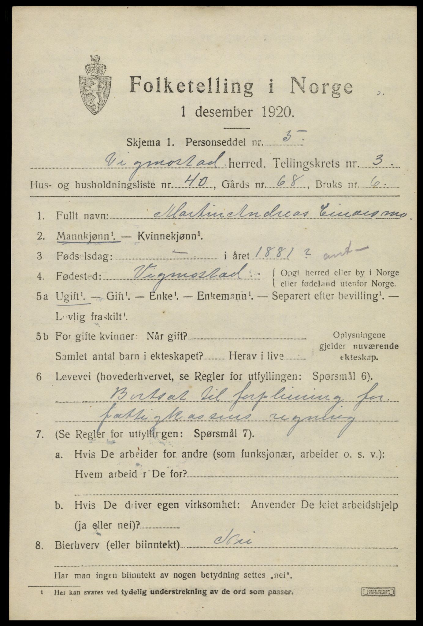 SAK, 1920 census for Vigmostad, 1920, p. 1161