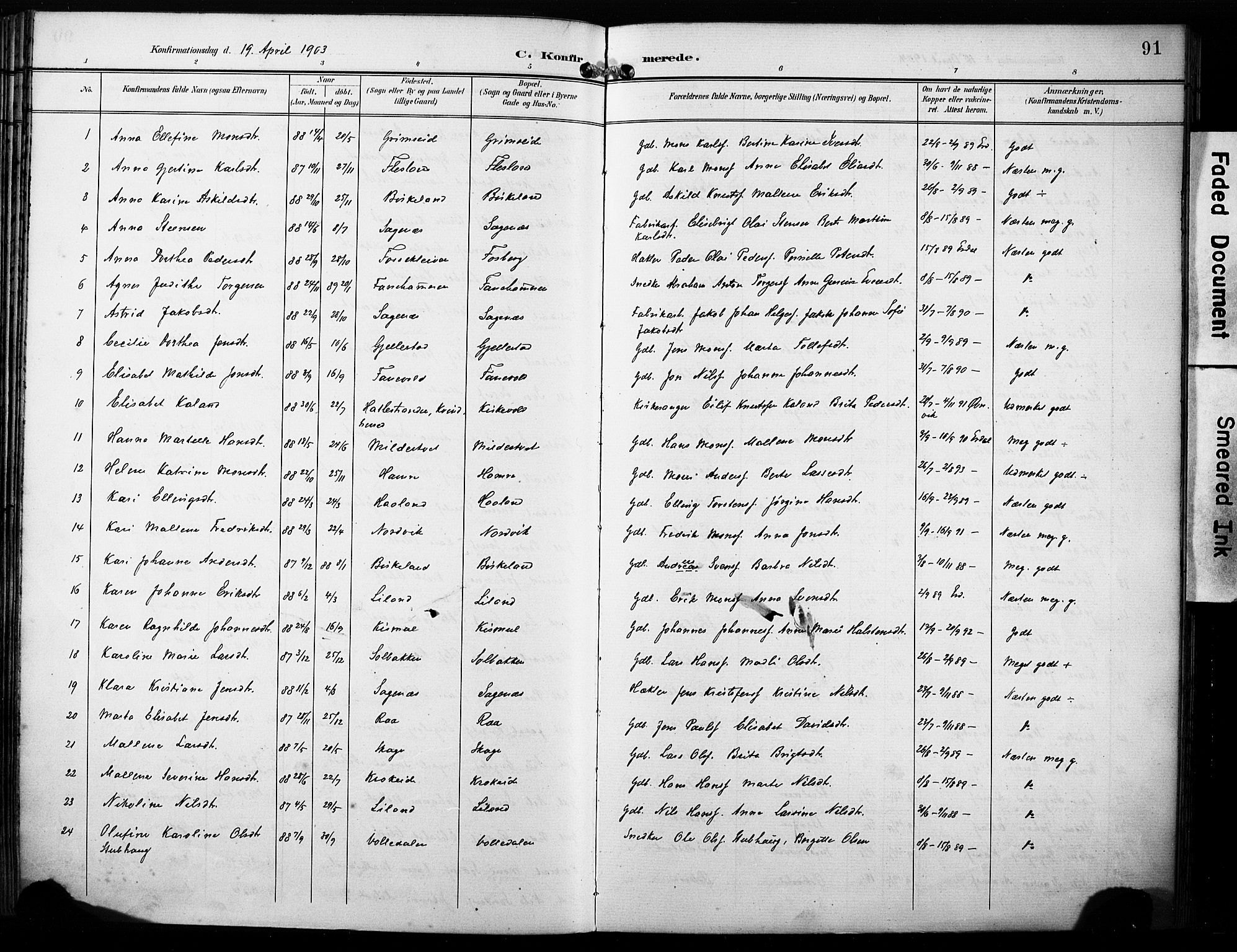 Fana Sokneprestembete, AV/SAB-A-75101/H/Haa/Haab/L0003: Parish register (official) no. B 3, 1898-1907, p. 91