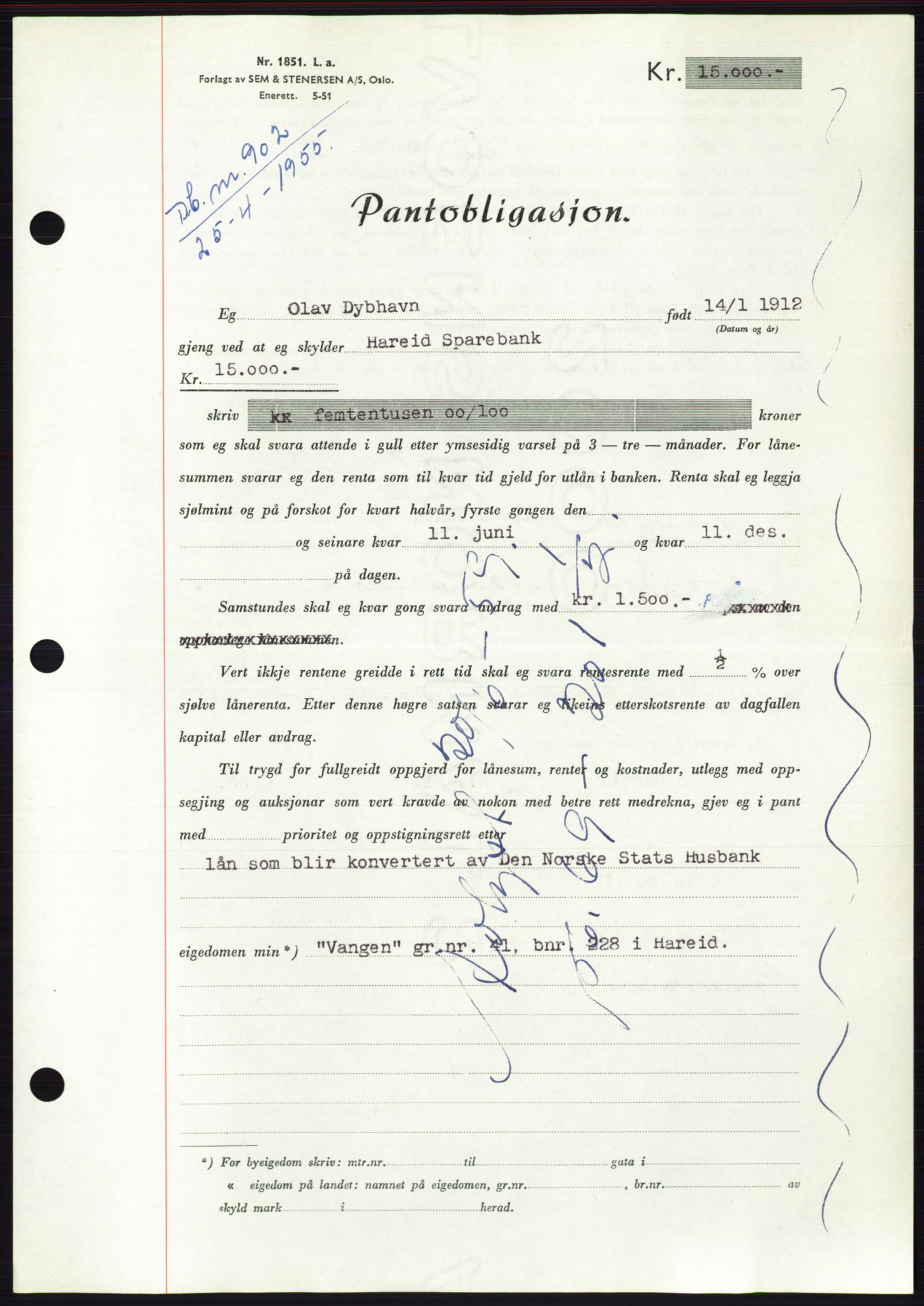 Søre Sunnmøre sorenskriveri, AV/SAT-A-4122/1/2/2C/L0126: Mortgage book no. 14B, 1954-1955, Diary no: : 902/1955