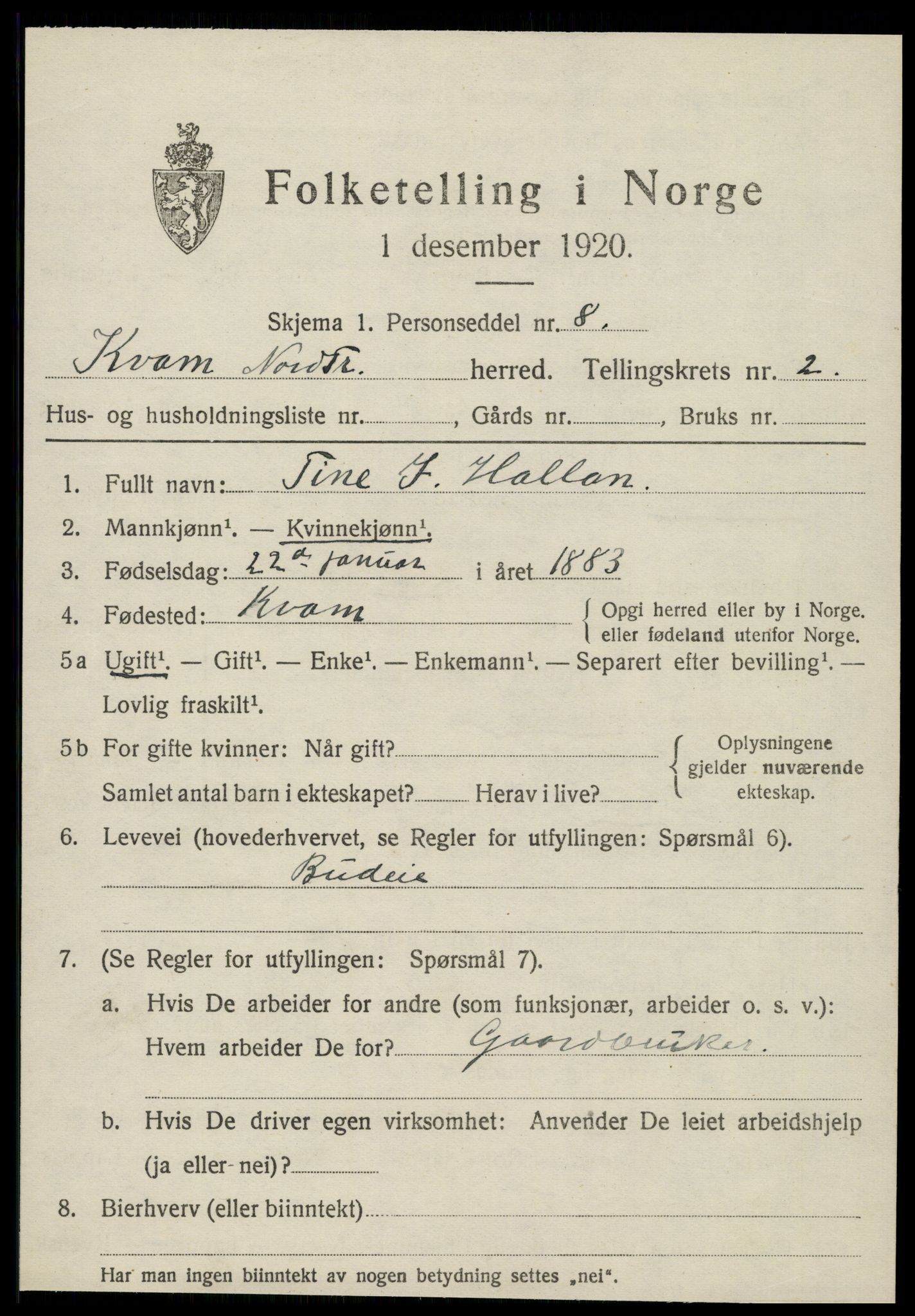 SAT, 1920 census for Kvam, 1920, p. 799