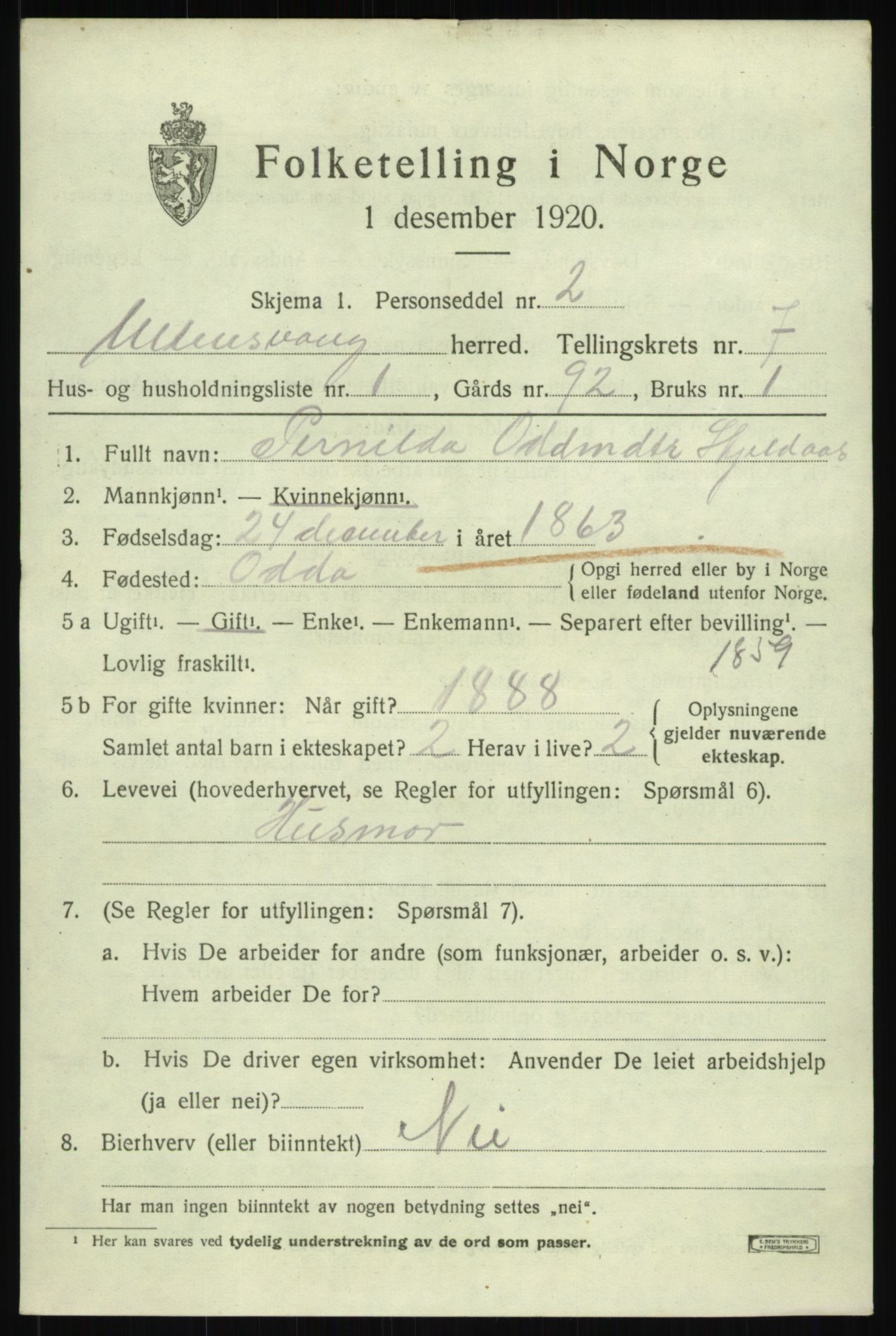 SAB, 1920 census for Ullensvang, 1920, p. 4460