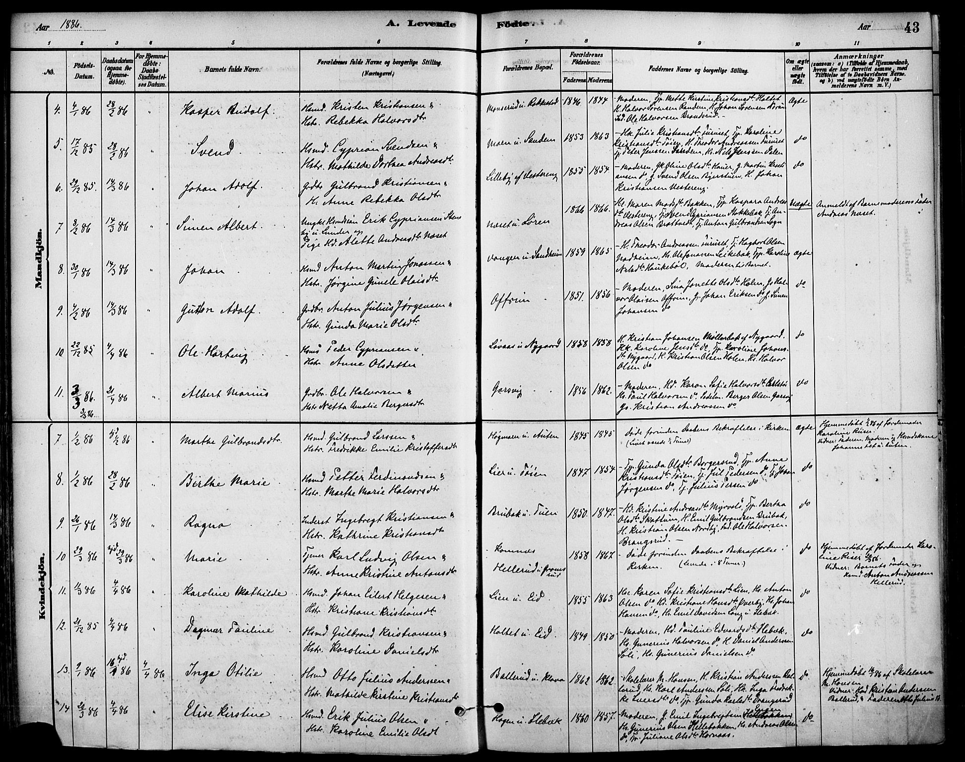 Høland prestekontor Kirkebøker, SAO/A-10346a/F/Fa/L0013: Parish register (official) no. I 13, 1880-1897, p. 43