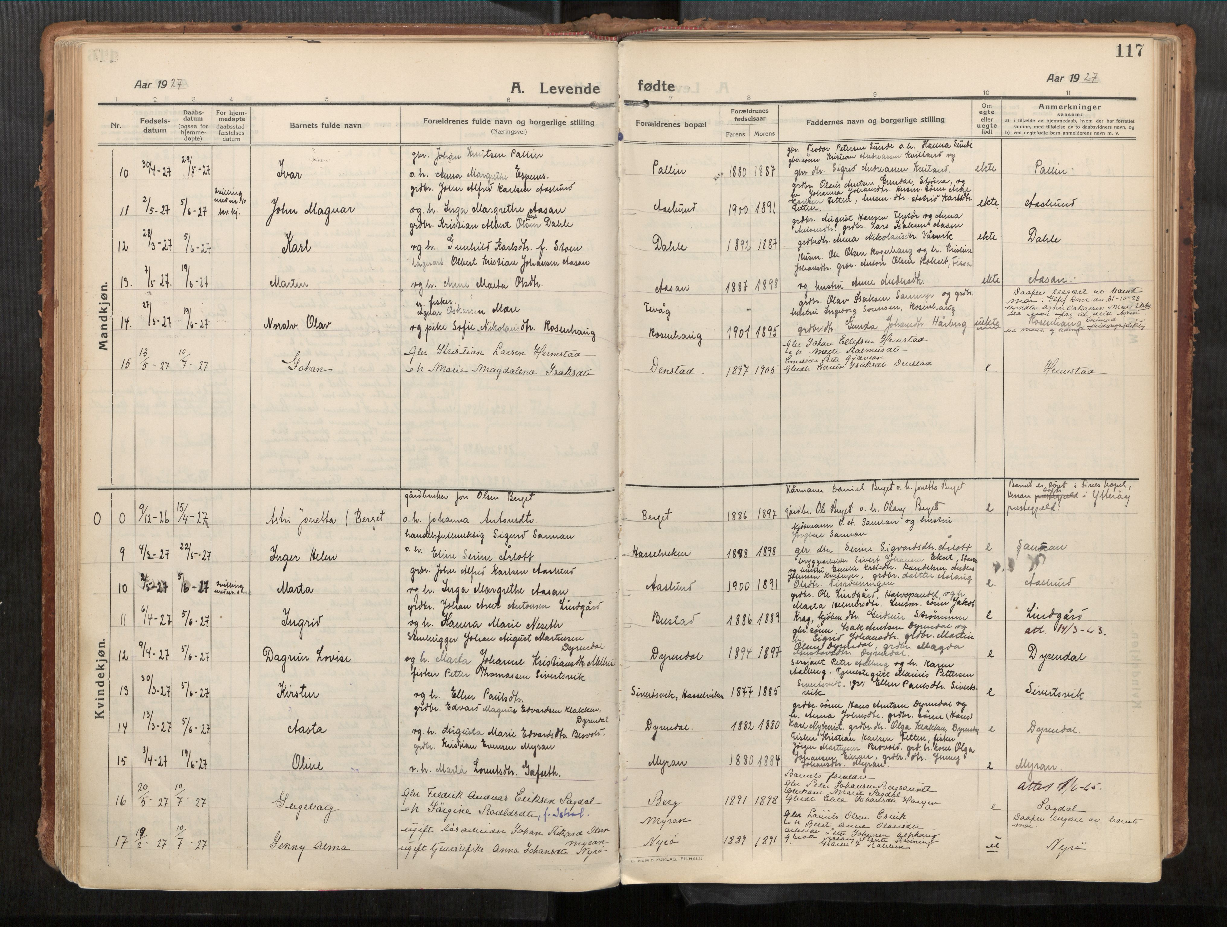 Stadsbygd sokneprestkontor, AV/SAT-A-1117/1/I/I1/I1a/L0001: Parish register (official) no. 1, 1911-1929, p. 117