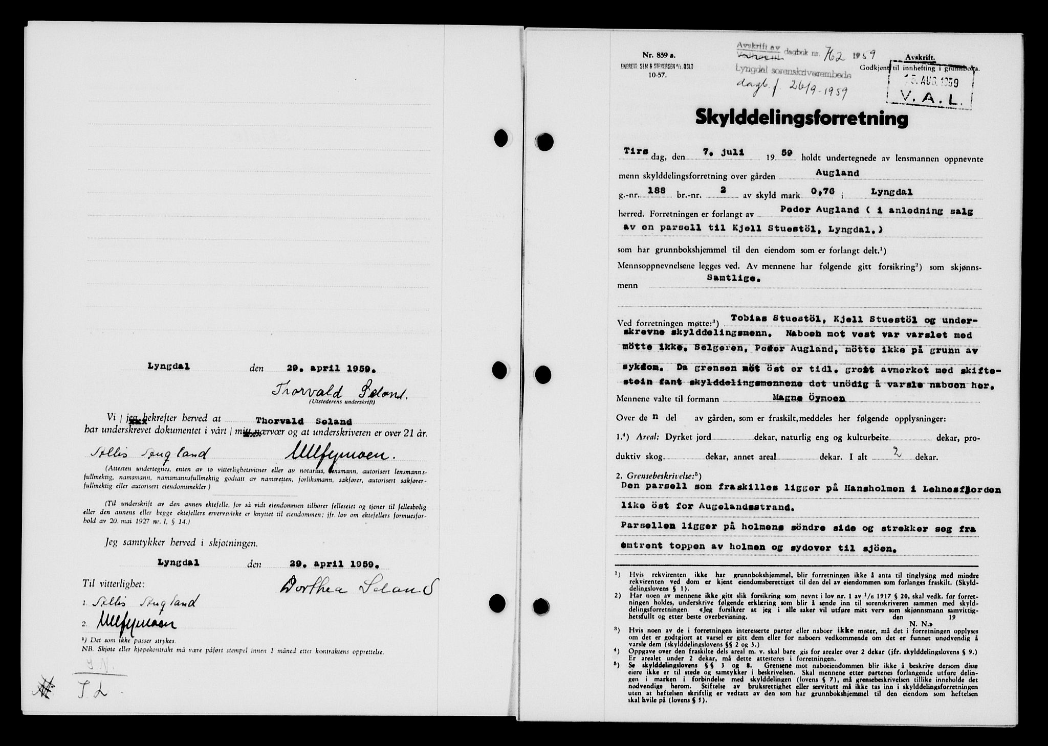 Lyngdal sorenskriveri, AV/SAK-1221-0004/G/Gb/L0679: Mortgage book no. A XXV, 1959-1960, Diary no: : 762/1959