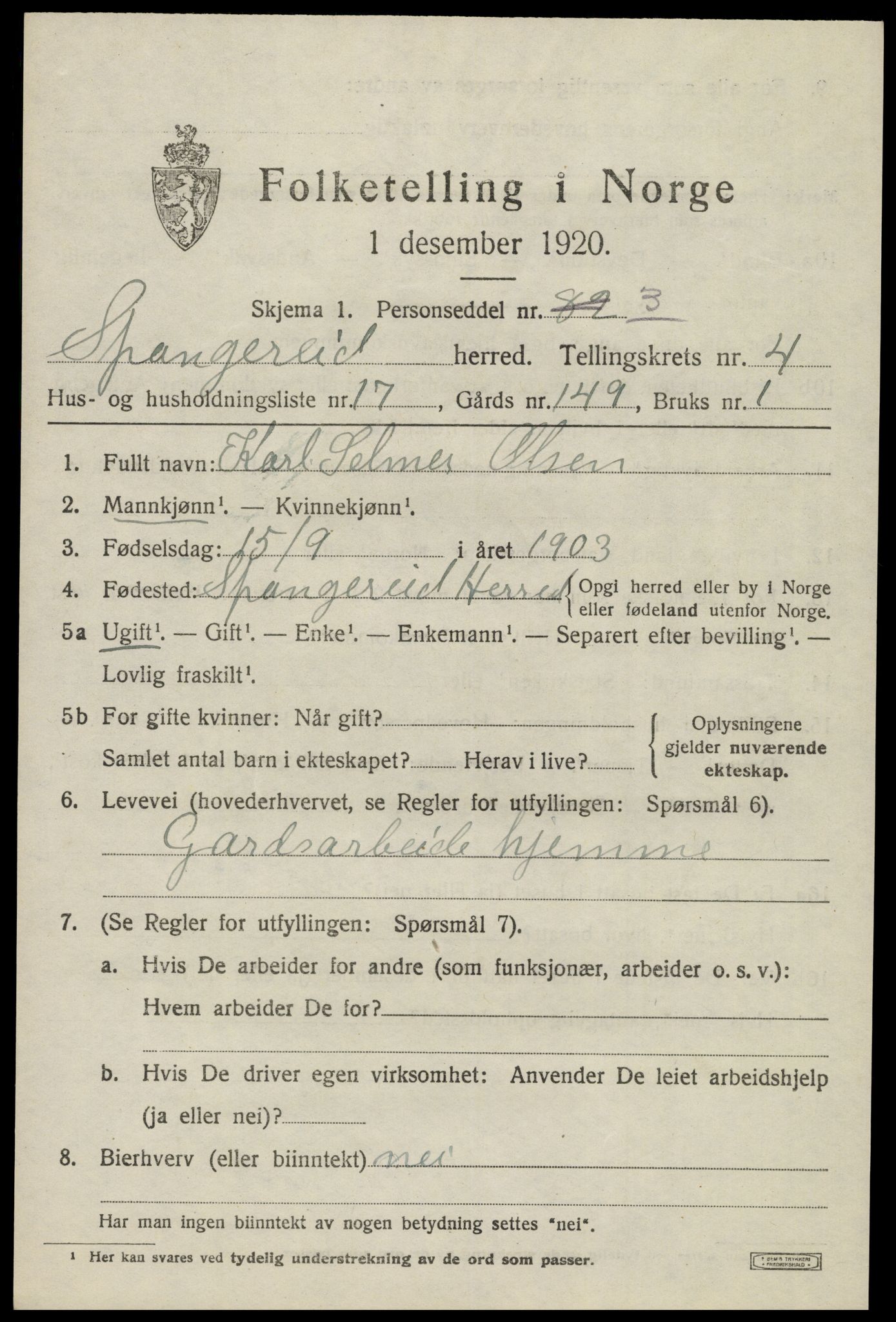 SAK, 1920 census for Spangereid, 1920, p. 1681