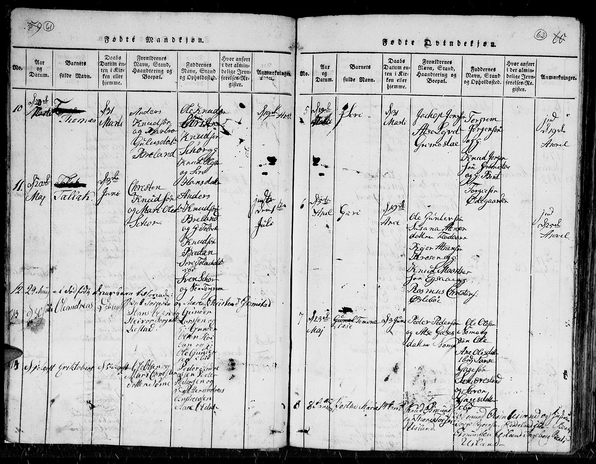 Holum sokneprestkontor, SAK/1111-0022/F/Fb/Fbc/L0001: Parish register (copy) no. B 1, 1820-1859, p. 61-62