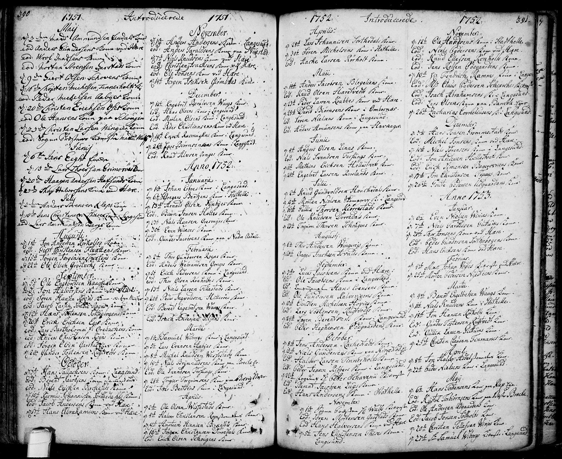 Bamble kirkebøker, AV/SAKO-A-253/F/Fa/L0001: Parish register (official) no. I 1, 1702-1774, p. 390-391