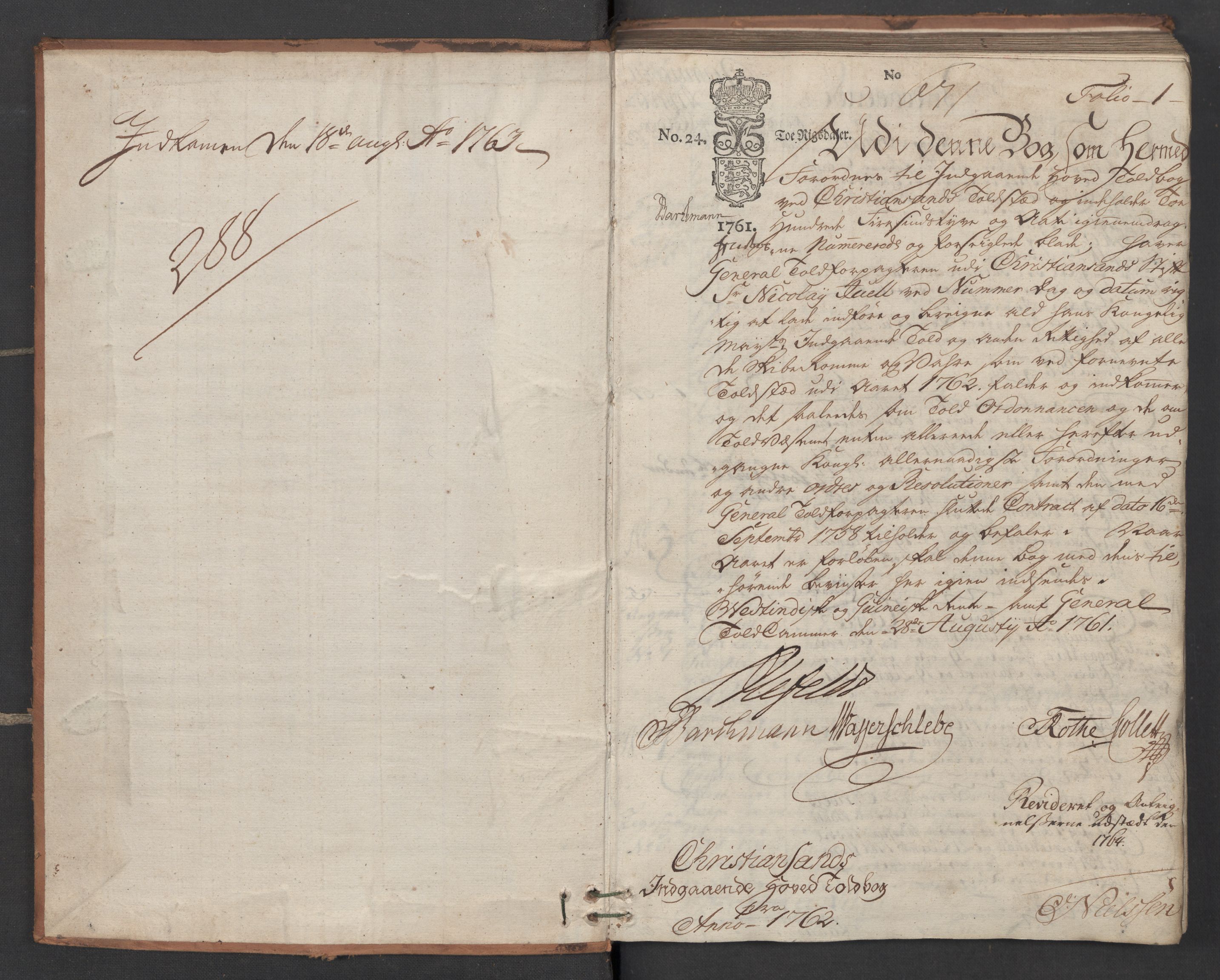 Generaltollkammeret, tollregnskaper, AV/RA-EA-5490/R16/L0048/0001: Tollregnskaper Kristiansand / Inngående hovedtollbok, 1762, p. uindeksert