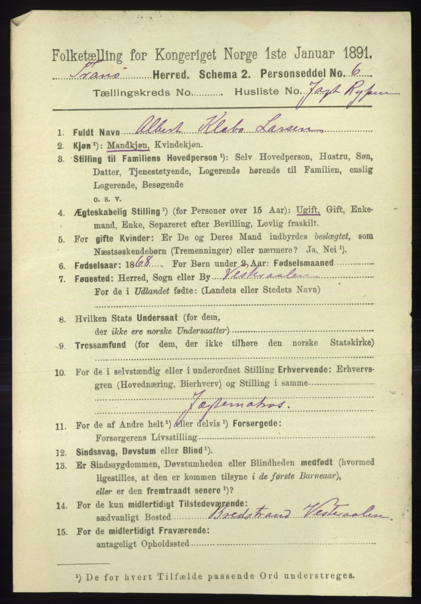 RA, 1891 census for 1927 Tranøy, 1891, p. 1773