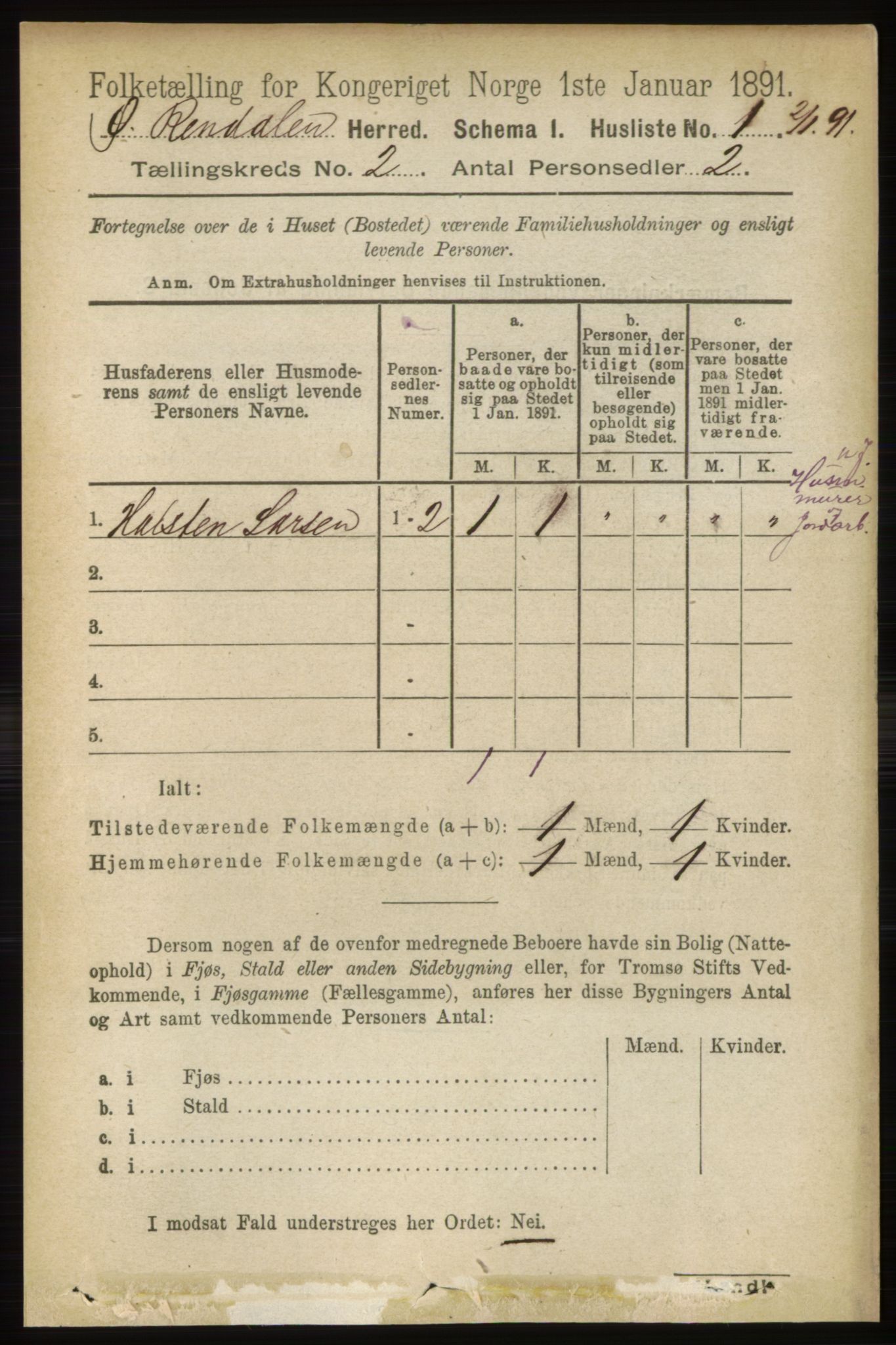 RA, 1891 census for 0433 Øvre Rendal, 1891, p. 334