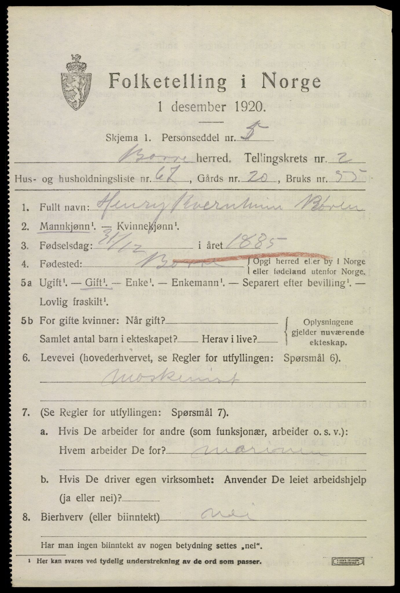 SAKO, 1920 census for Borre, 1920, p. 4952