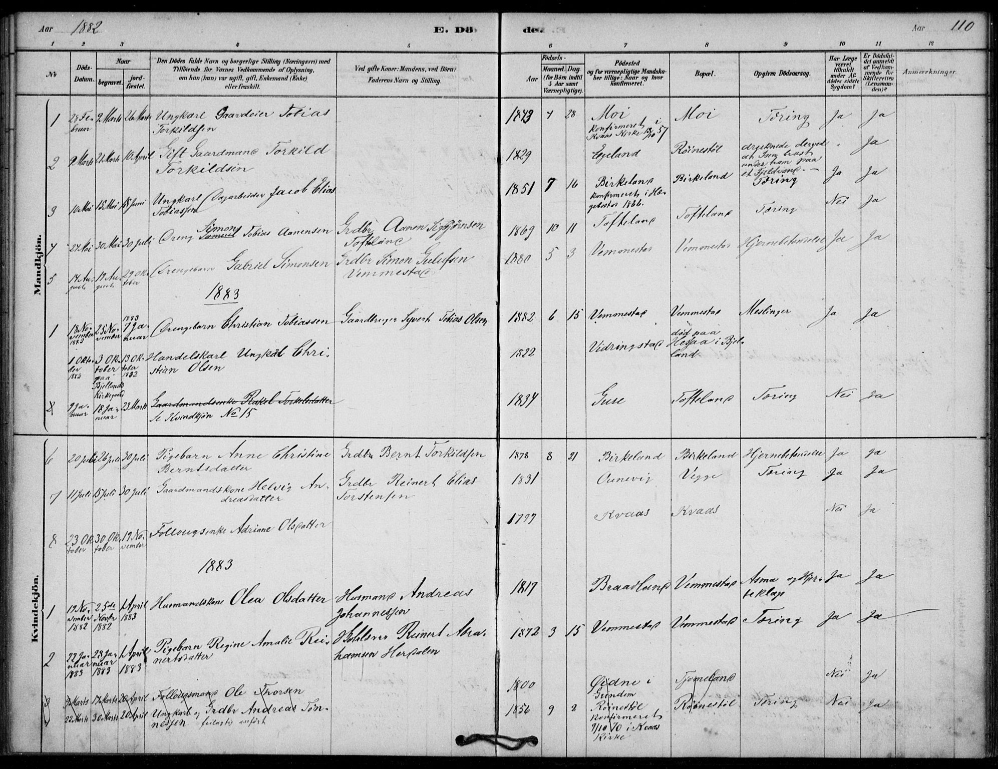 Lyngdal sokneprestkontor, SAK/1111-0029/F/Fa/Fab/L0003: Parish register (official) no. A 3, 1878-1903, p. 110